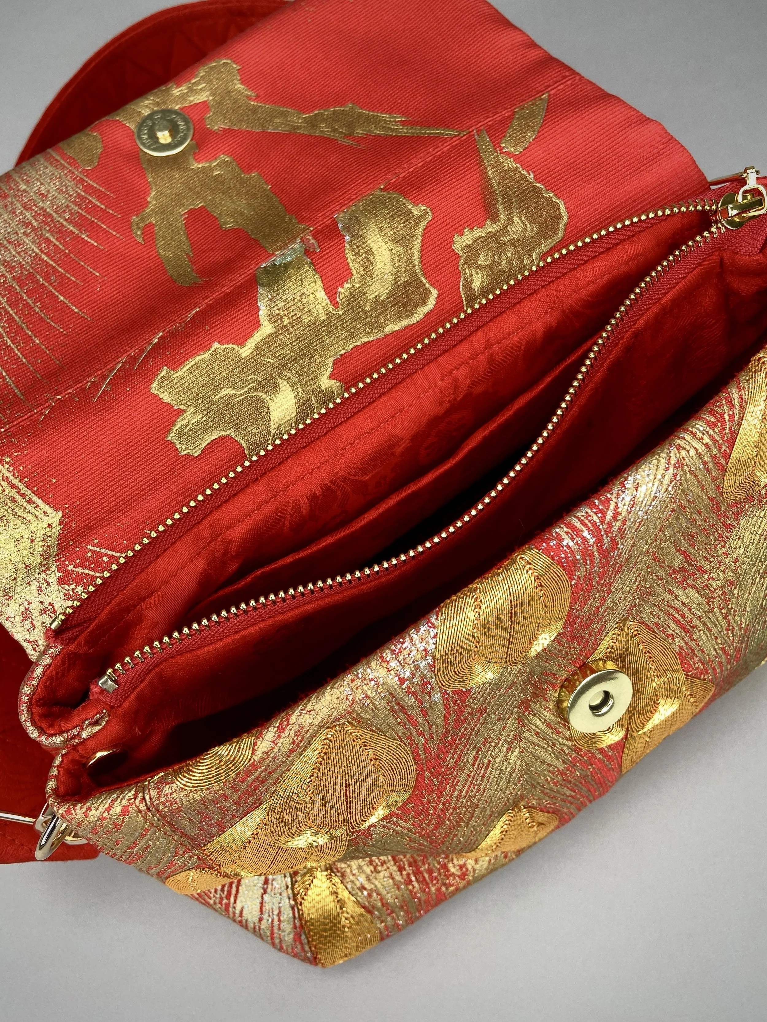 Vermillion red vintage kimono silk evening bag with gold Peacock feather design by Kirsty Chivers