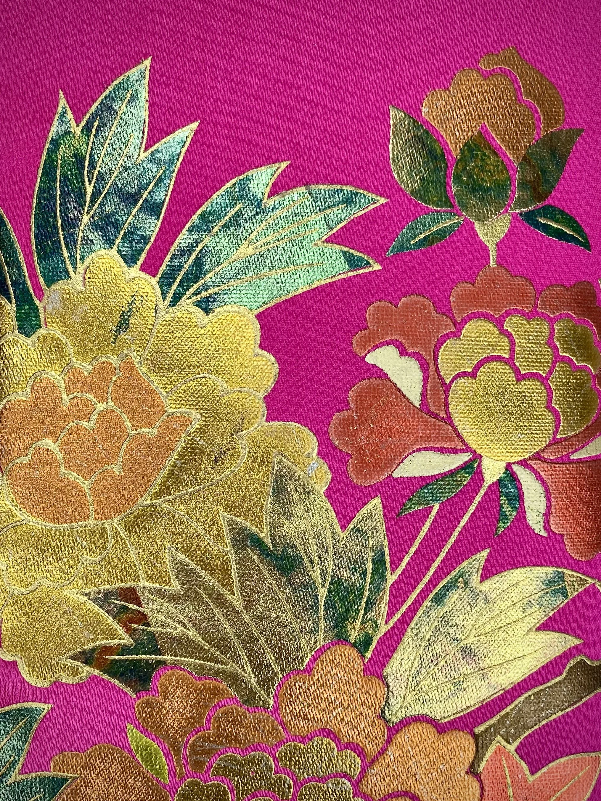 Cherry Pink & Gold Maple Leaf baguette bag, handmade from vintage Japanese kimono silk with ombre tassel obijime cord strap by Kirsty Chivers