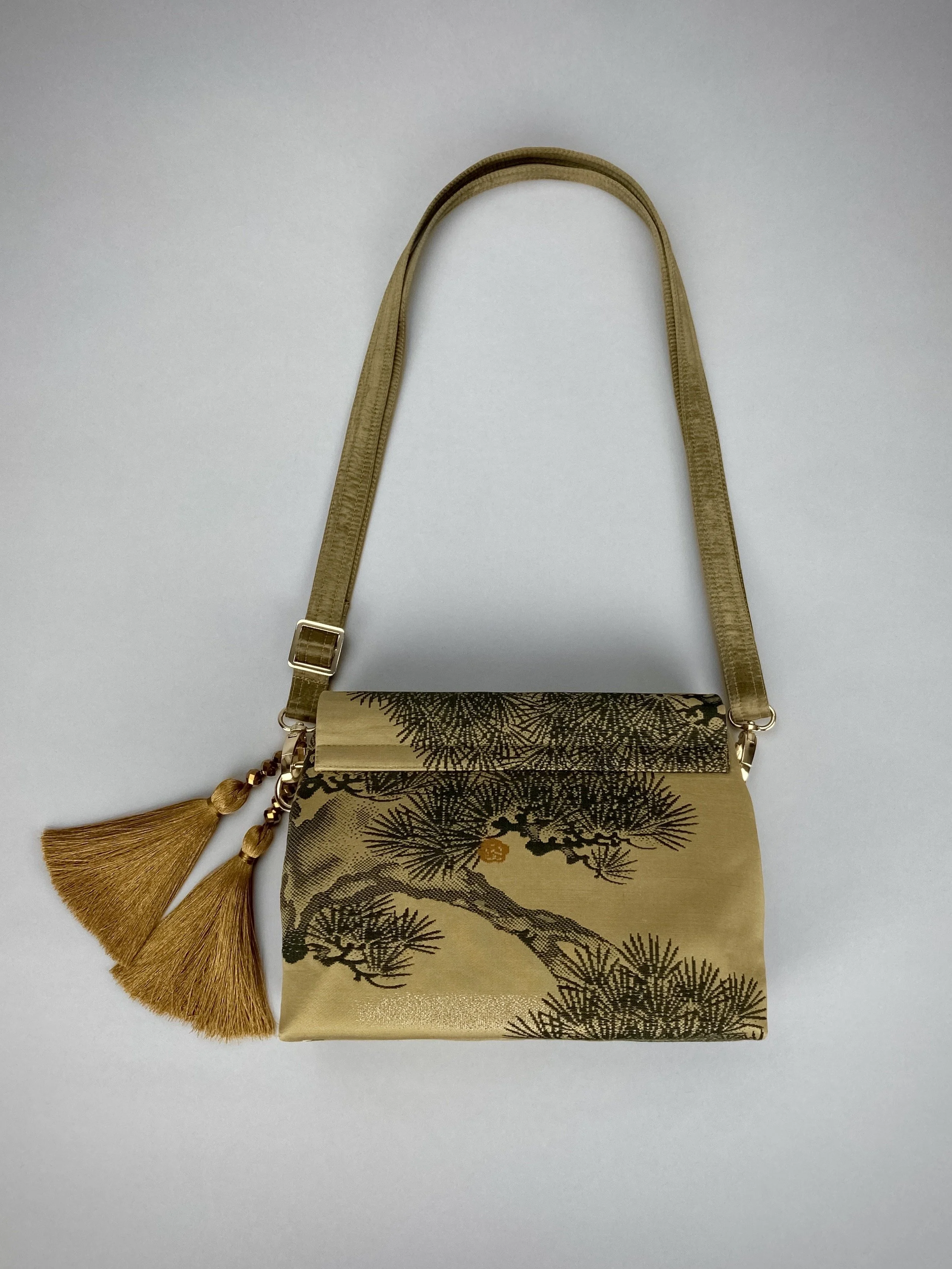 Green Matsu pine evening bag made from vintage Japanese obi silk by Kirsty Chivers