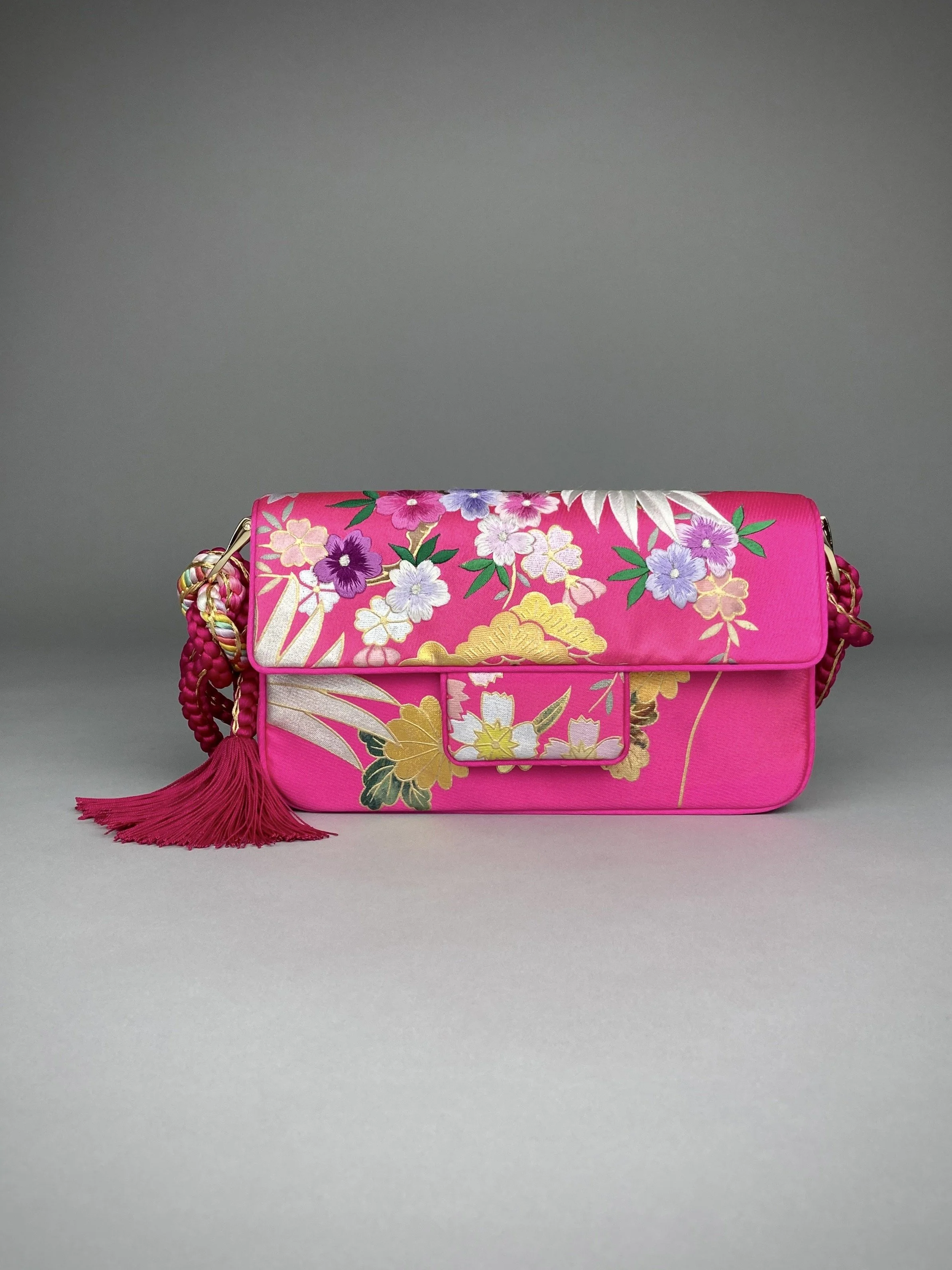 Cherry Pink Blossom & Crane baguette bag, handmade from vintage Japanese kimono silk with tasseled obijime cord strap by Kirsty Chivers