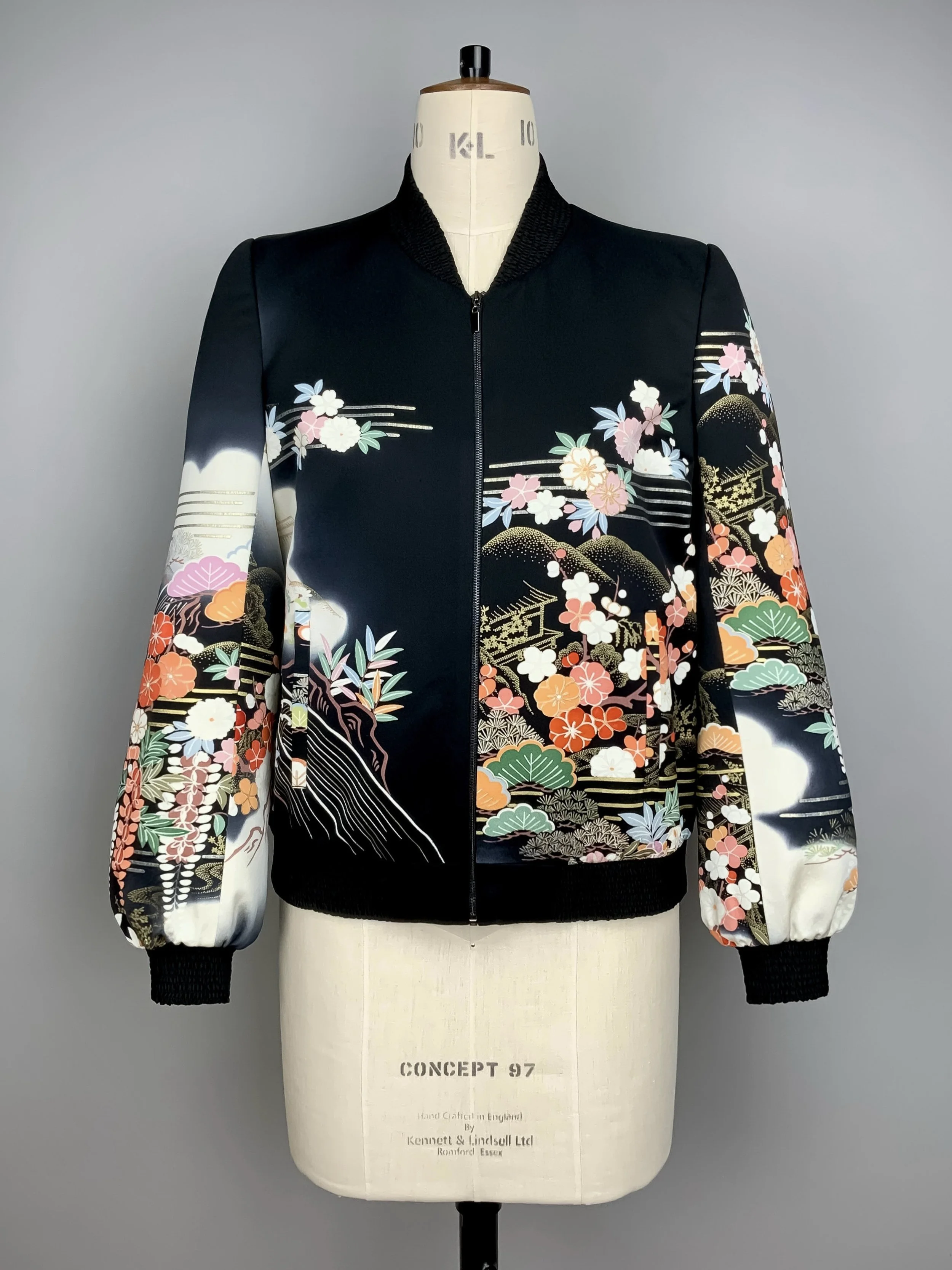 Unique bomber jacket with printed design, handmade with vintage Japanese Furisode kimono silk