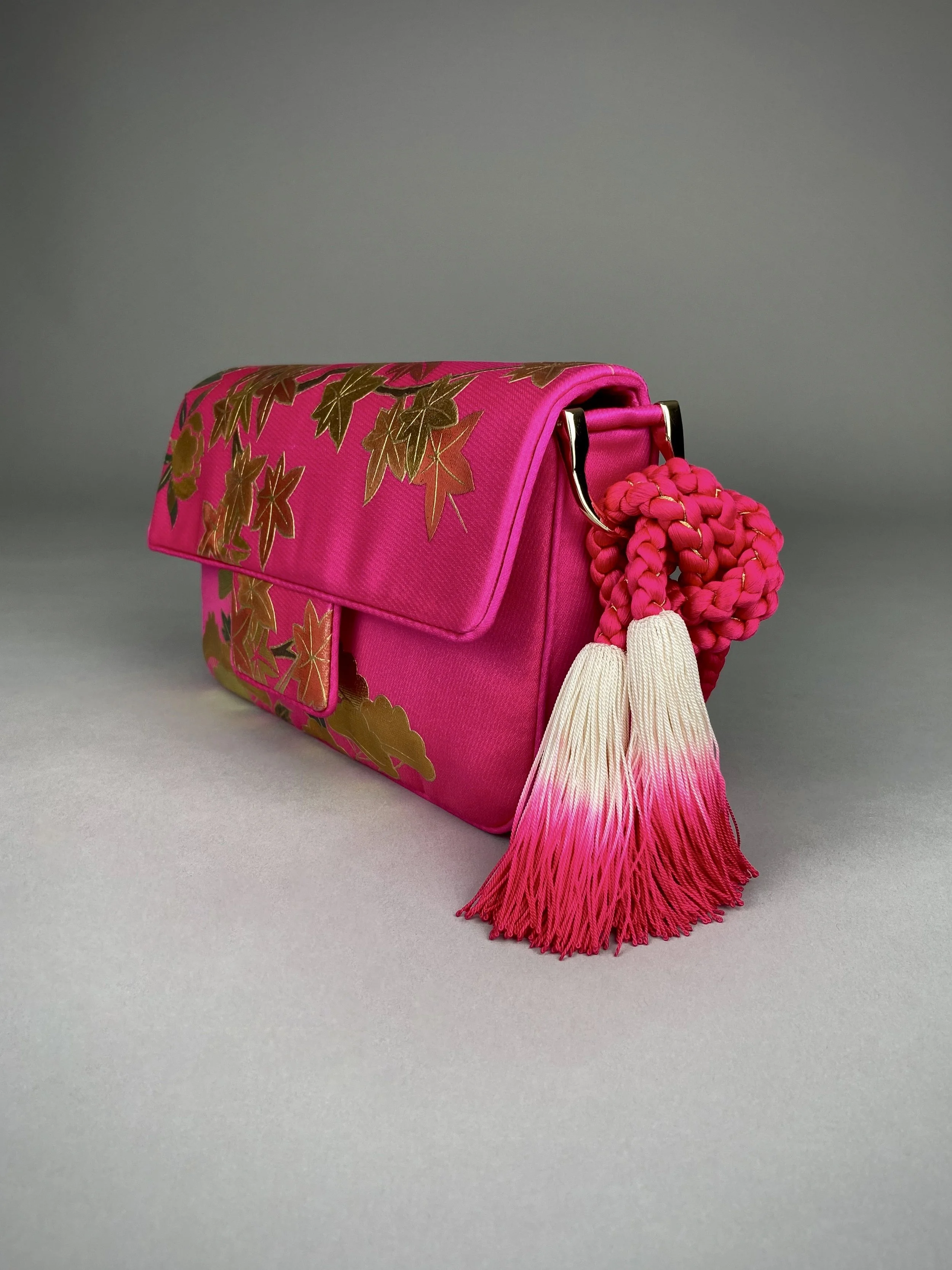 Cherry Pink & Gold Maple Leaf baguette bag, handmade from vintage Japanese kimono silk with ombre tassel obijime cord strap by Kirsty Chivers