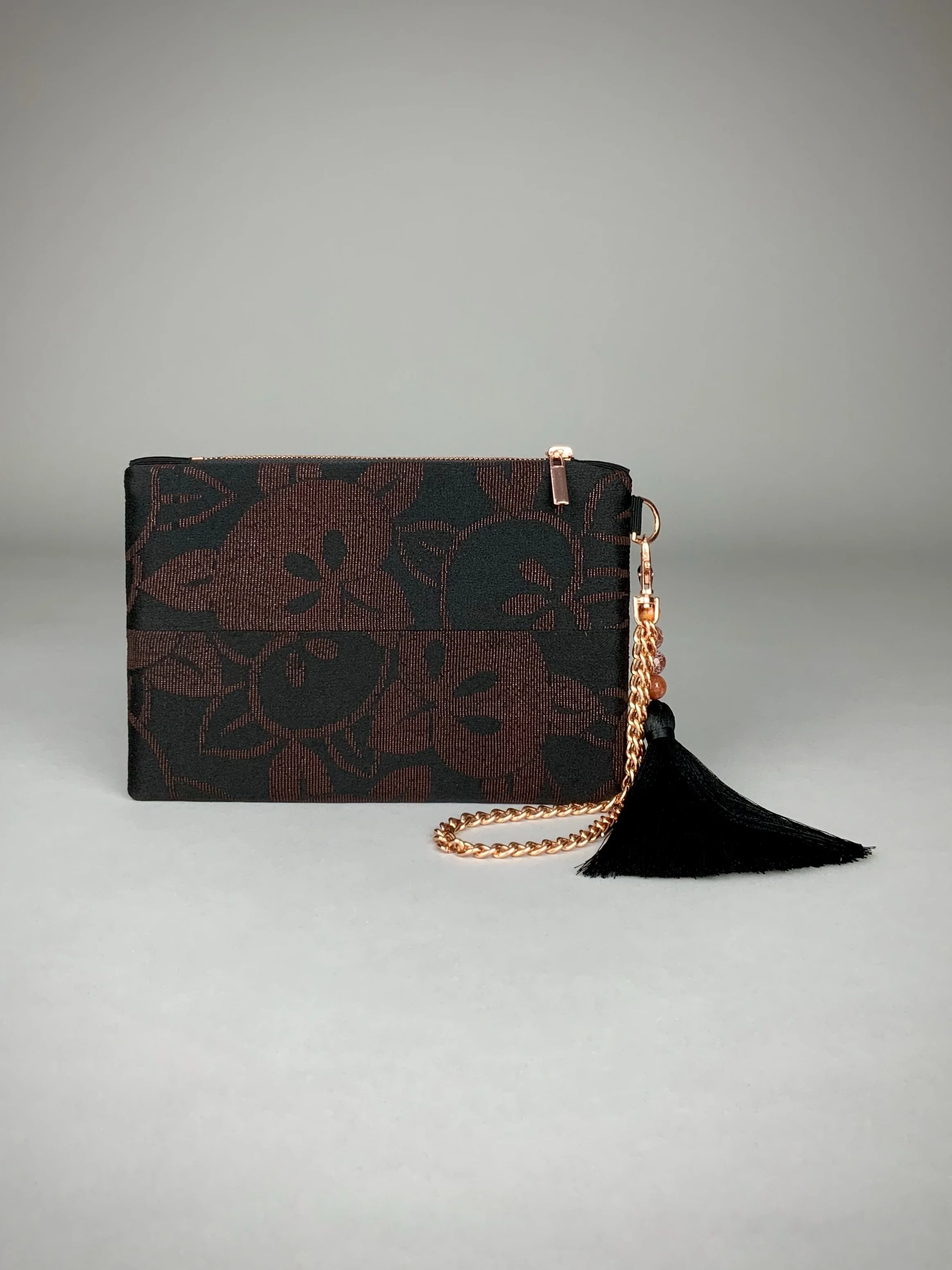 Black silk wristlet purse with glittery Persimmon fruit design & silk tassel, made from vintage Japanese kimono fabric by Kirsty Chivers