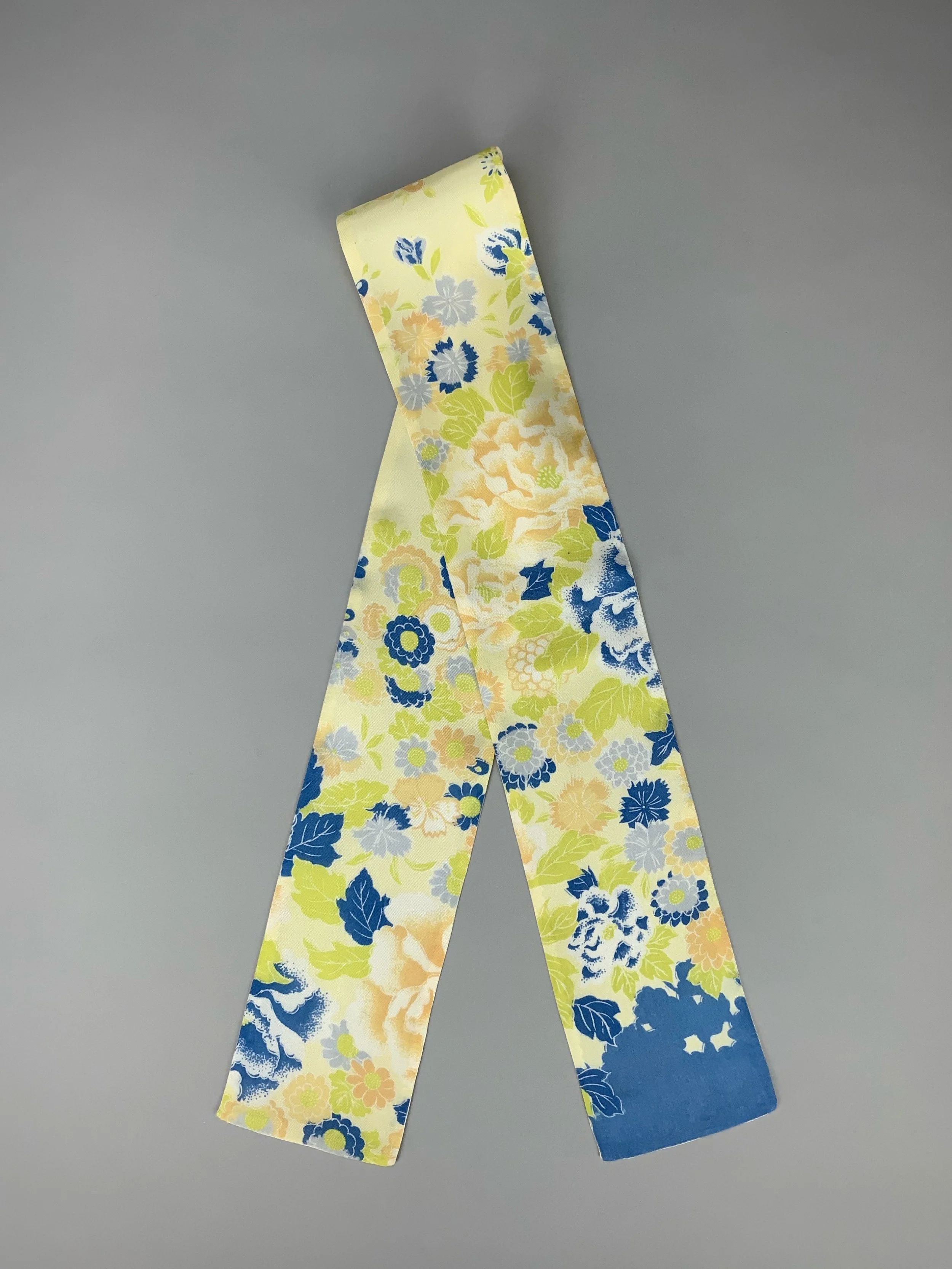 Pale yellow skinny scarf with blossom print handmade from vintage kimono fabric by Kirsty Chivers