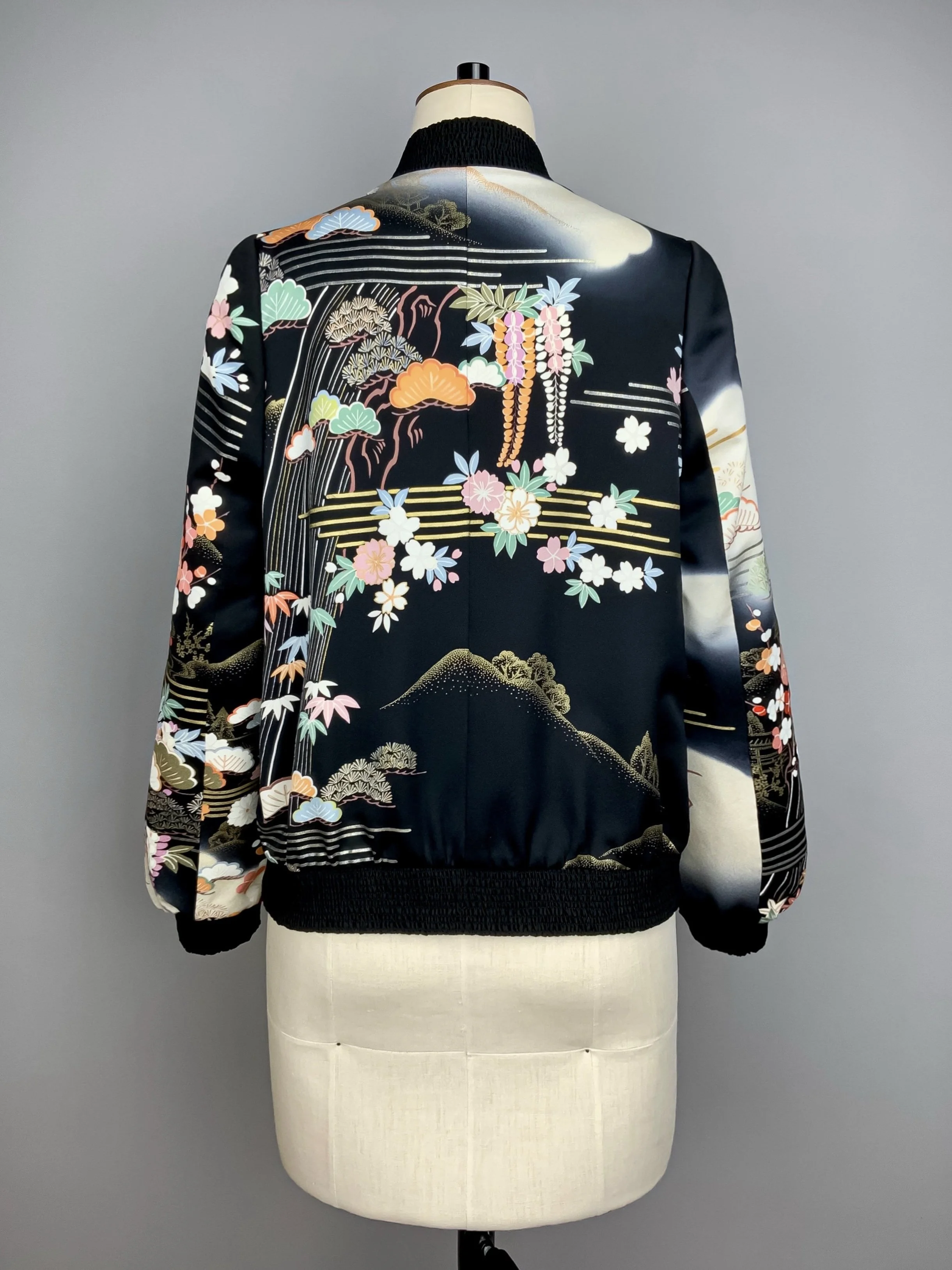 Unique bomber jacket with printed design, handmade with vintage Japanese Furisode kimono silk