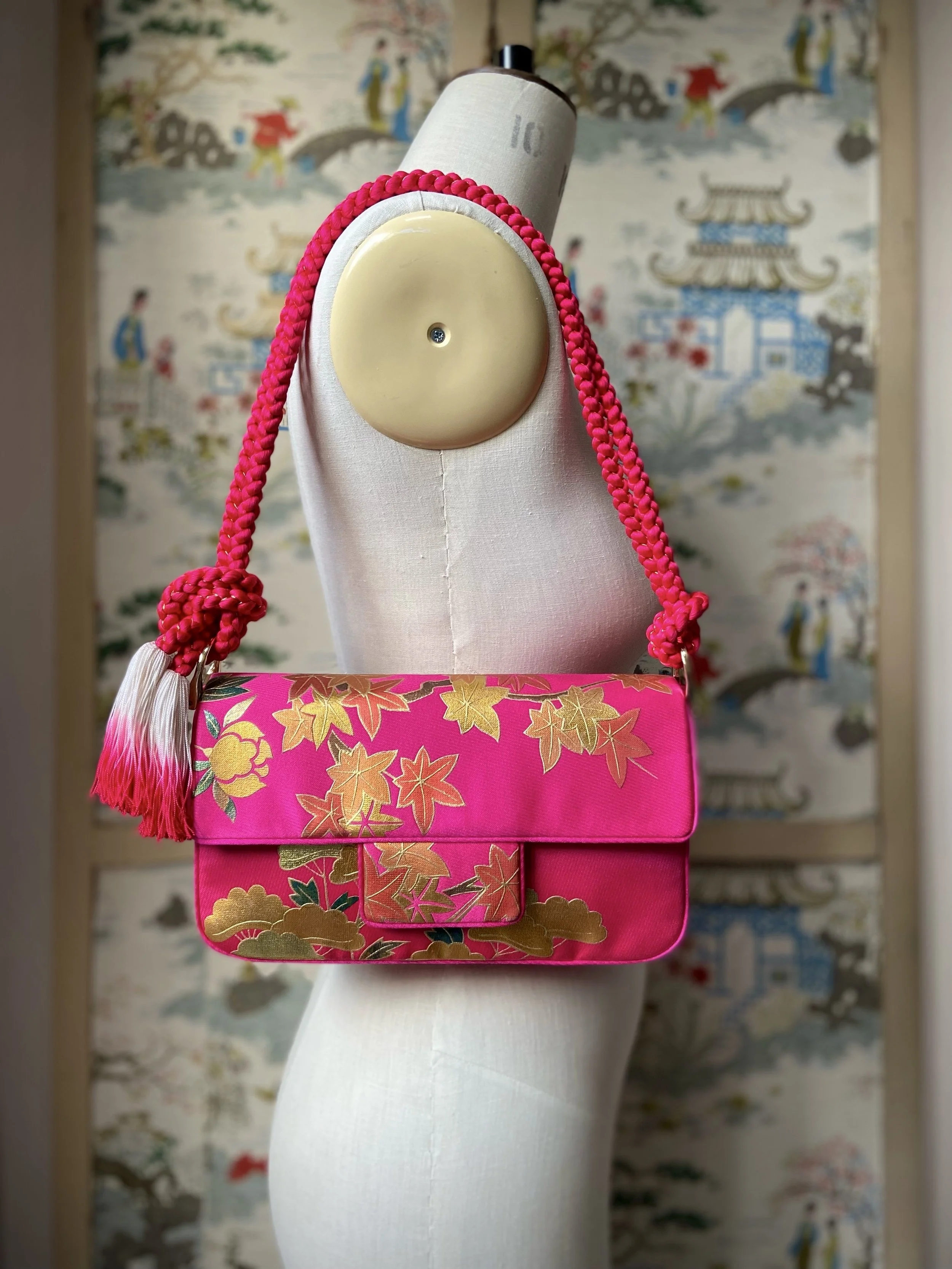 Cherry Pink & Gold Maple Leaf baguette bag, handmade from vintage Japanese kimono silk with ombre tassel obijime cord strap by Kirsty Chivers