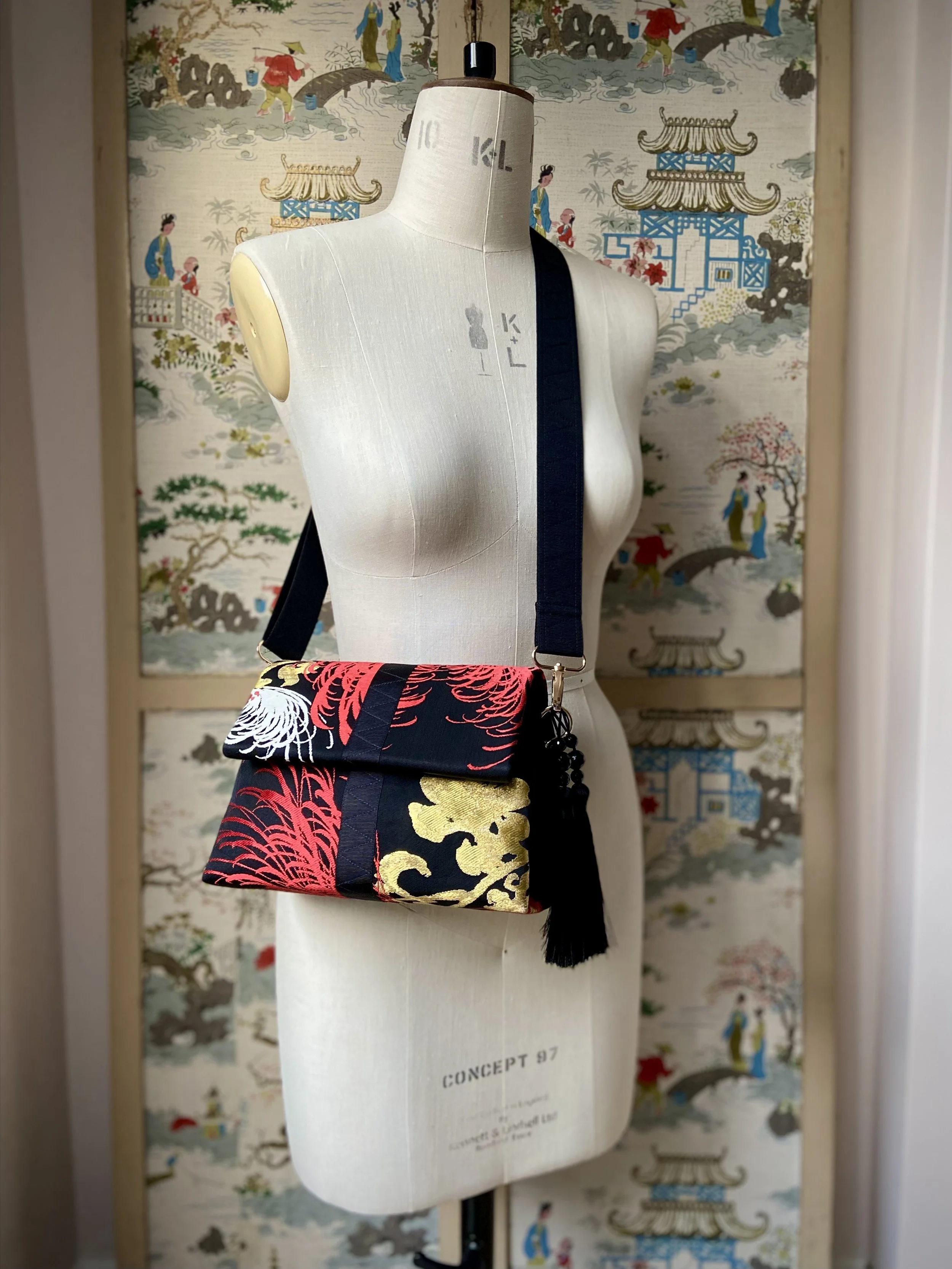 Black Chrysanthemum vintage obi silk and rayon fold bag with gold hardware and black silk tassel charm by Kirsty Chivers