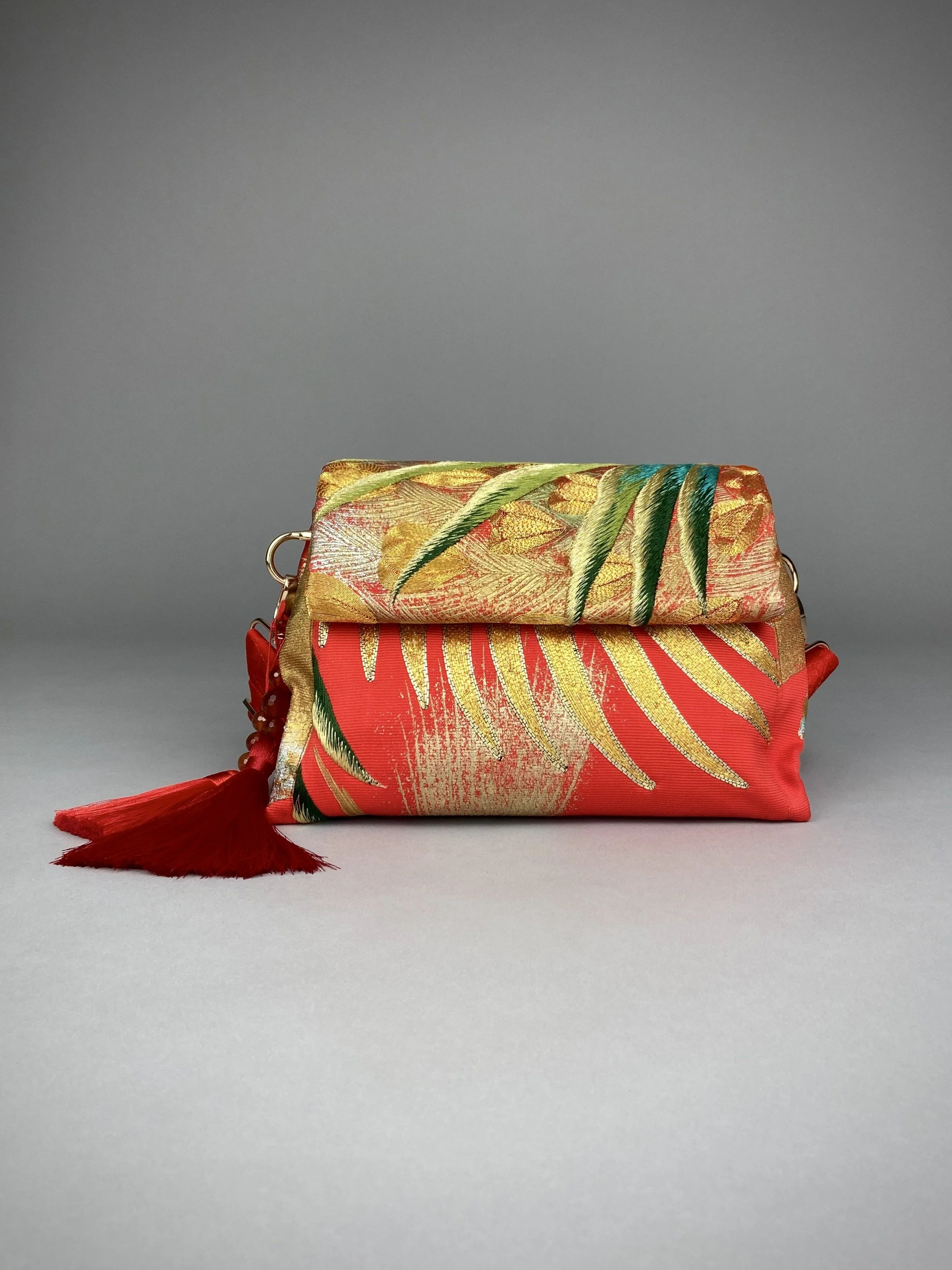 Vermillion red vintage kimono silk evening bag with gold Peacock feather design, Agate beaded tassel charm by Kirsty Chivers