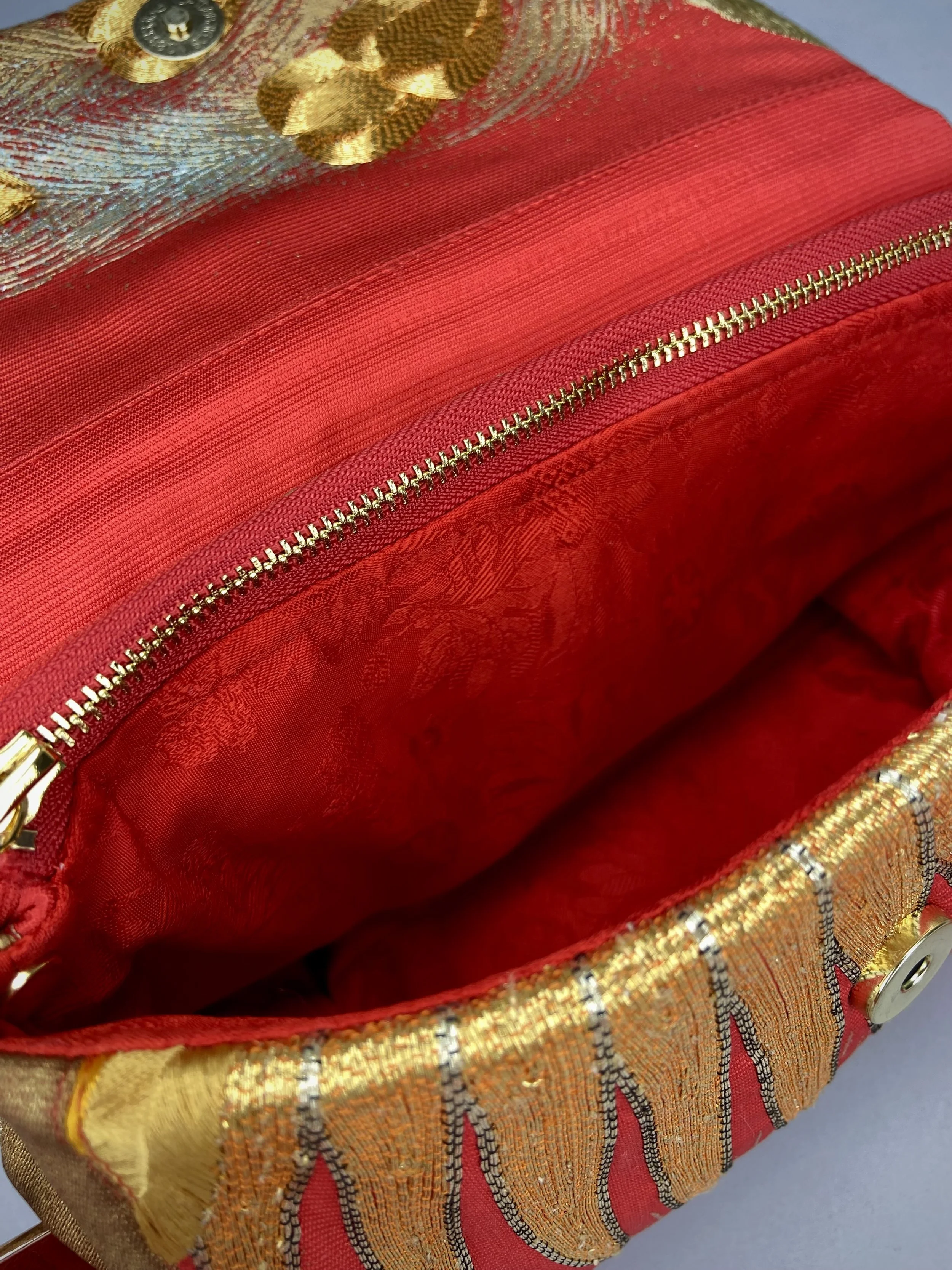 Vermillion red vintage kimono silk evening bag with gold Peacock feather design, Agate beaded tassel charm by Kirsty Chivers