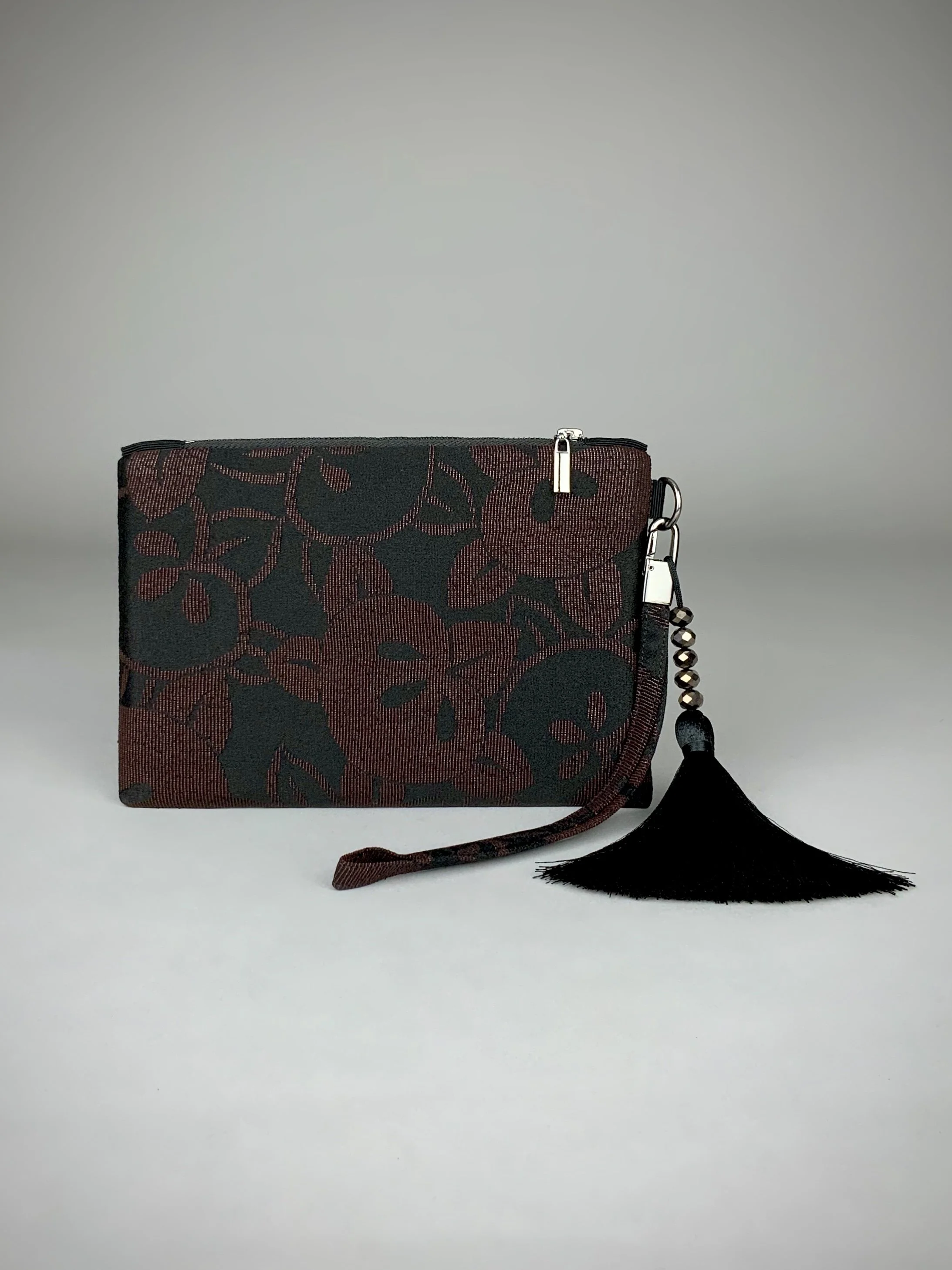 Black silk wristlet purse with glittery Persimmon fruit design & silk tassel, made from vintage Japanese kimono fabric by Kirsty Chivers