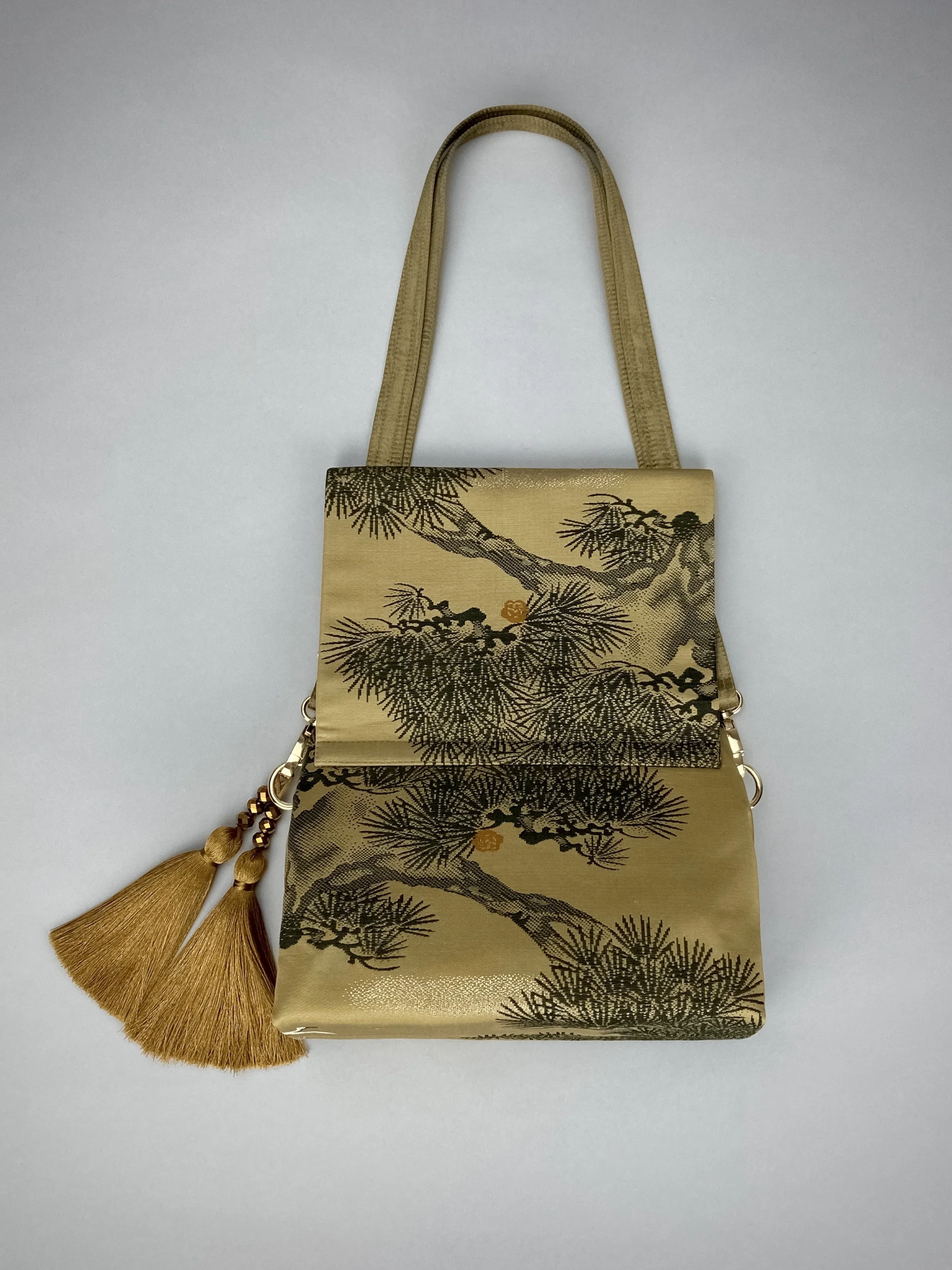 Green Matsu pine evening bag made from vintage Japanese obi silk by Kirsty Chivers