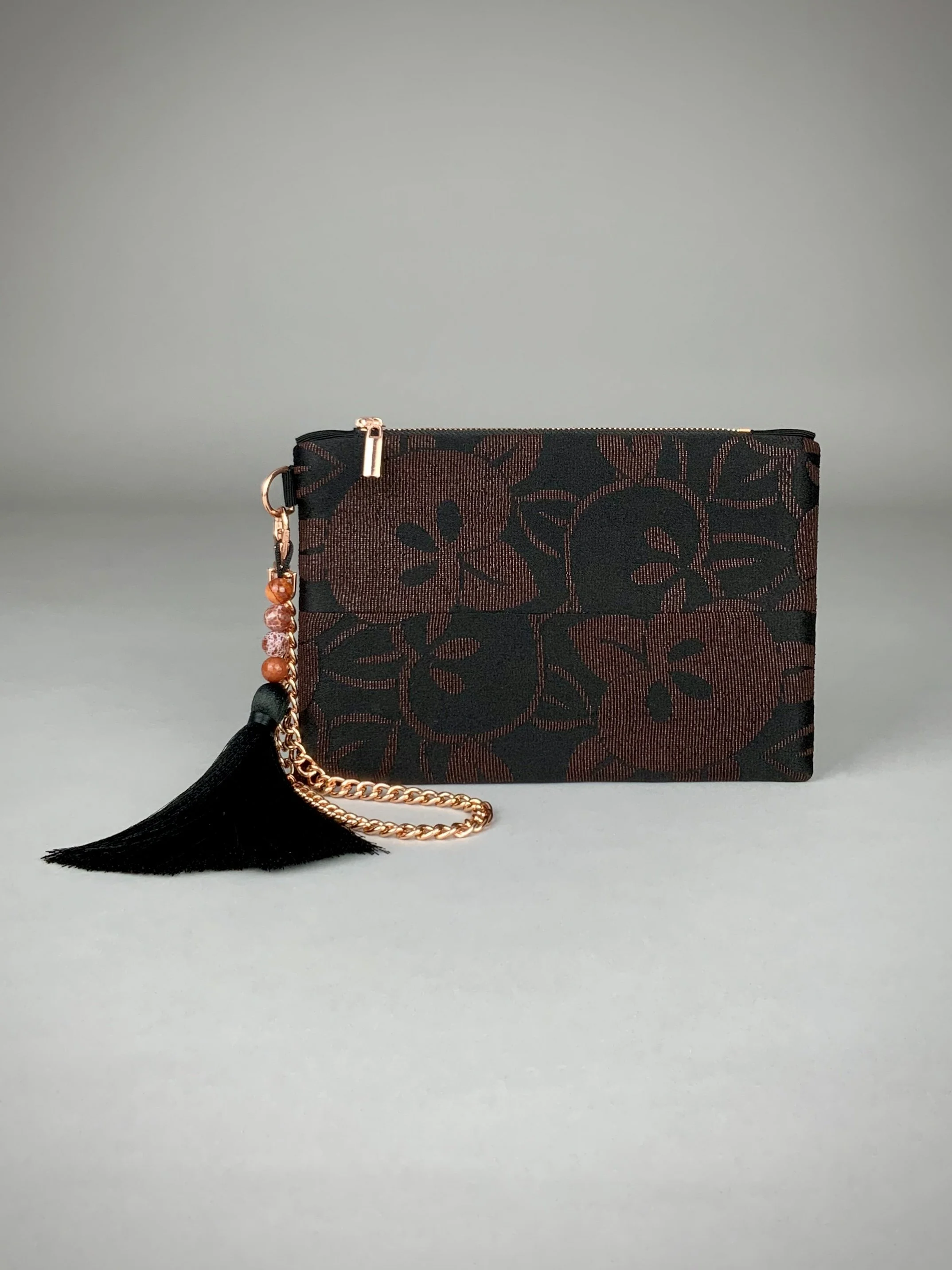Black silk wristlet purse with glittery Persimmon fruit design & silk tassel, made from vintage Japanese kimono fabric by Kirsty Chivers