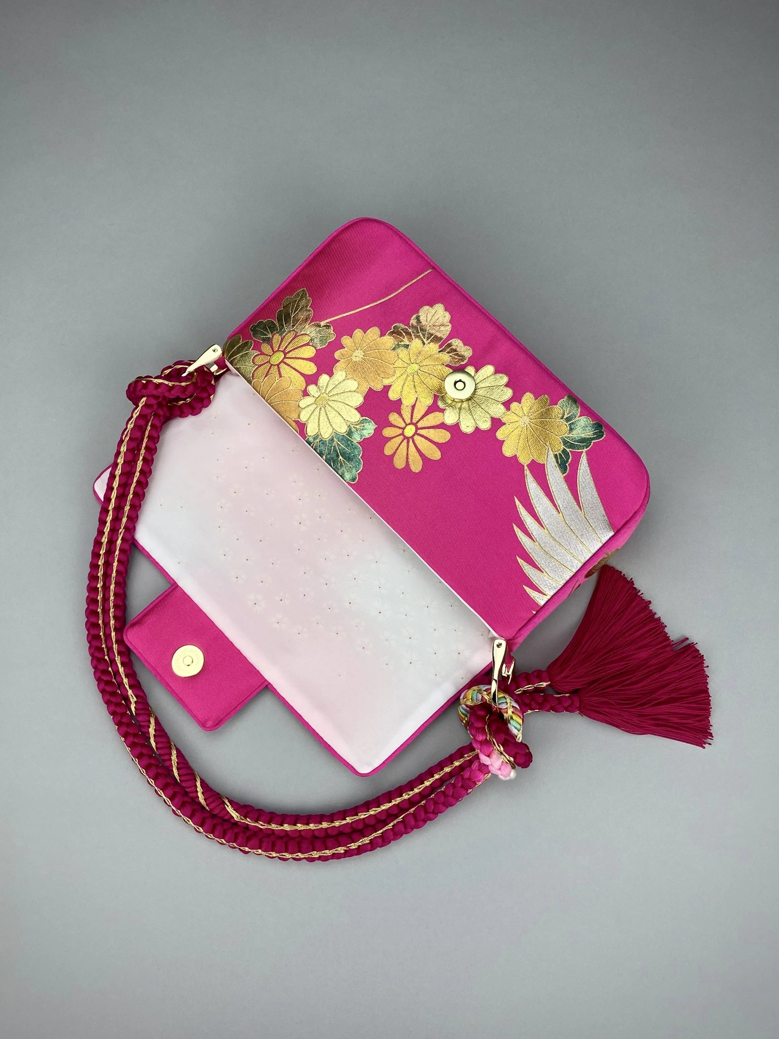 Cherry Pink Blossom & Crane baguette bag, handmade from vintage Japanese kimono silk with tasseled obijime cord strap by Kirsty Chivers