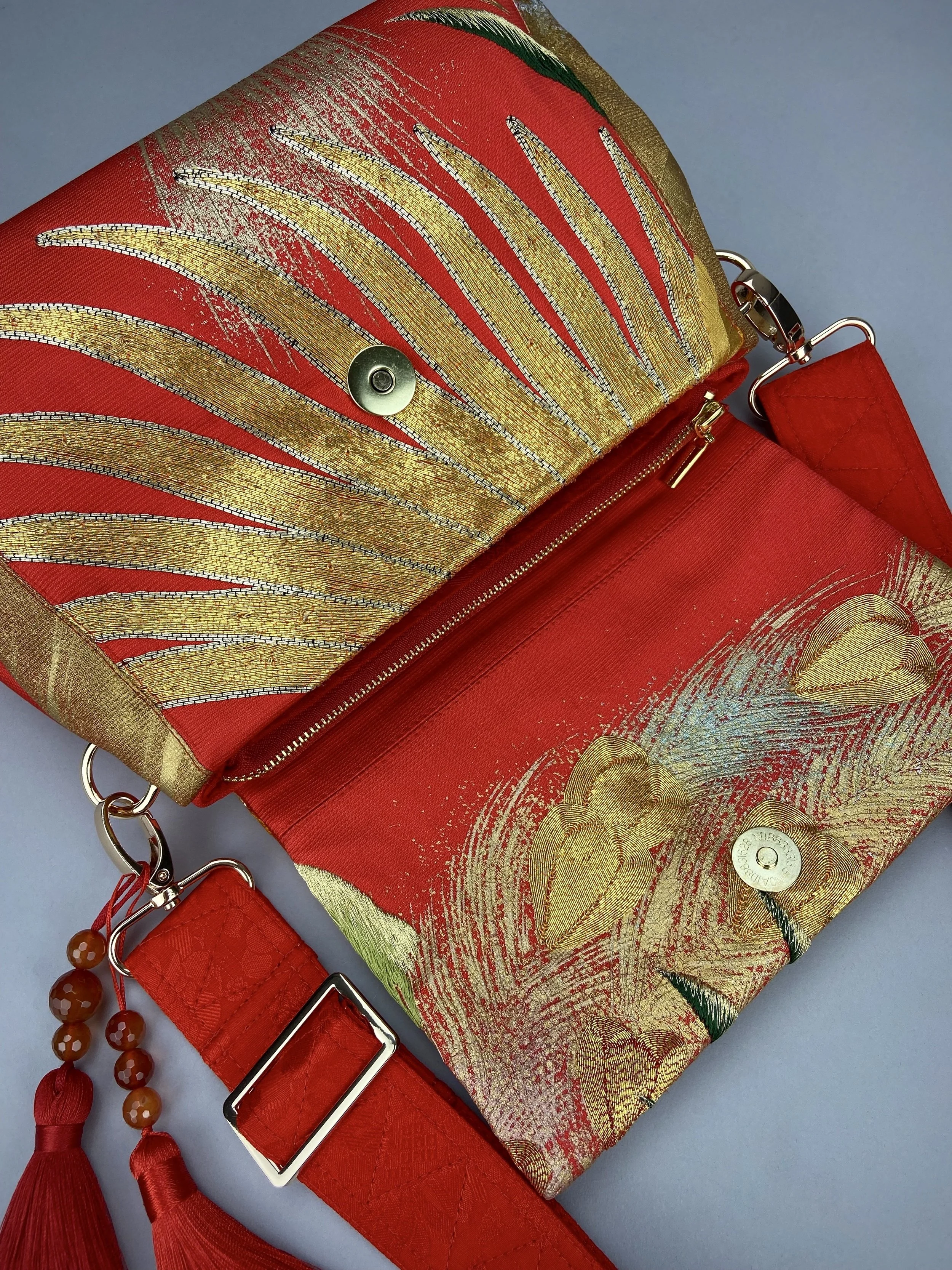 Vermillion red vintage kimono silk evening bag with gold Peacock feather design, Agate beaded tassel charm by Kirsty Chivers