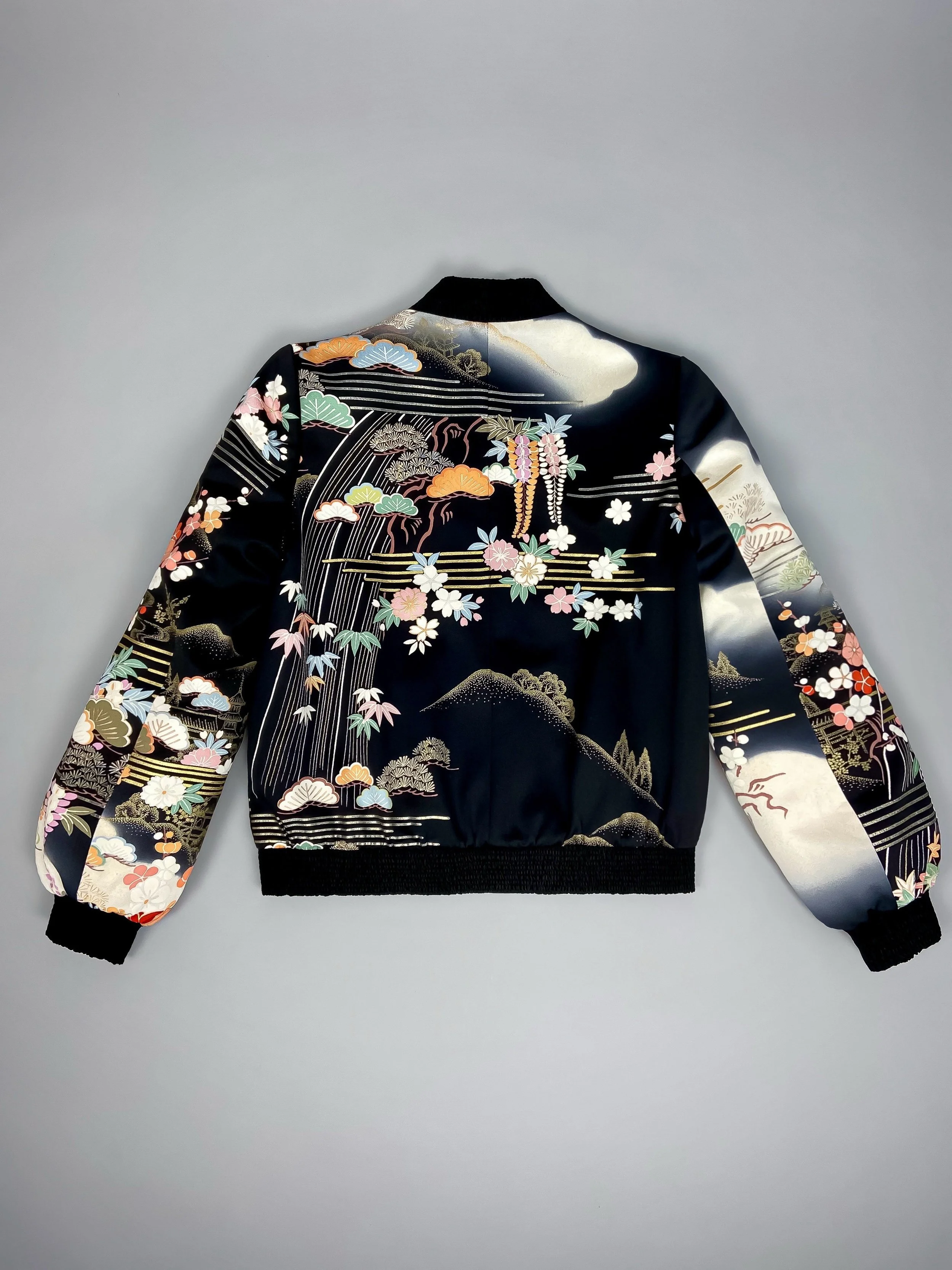 Unique bomber jacket with printed design, handmade with vintage Japanese Furisode kimono silk