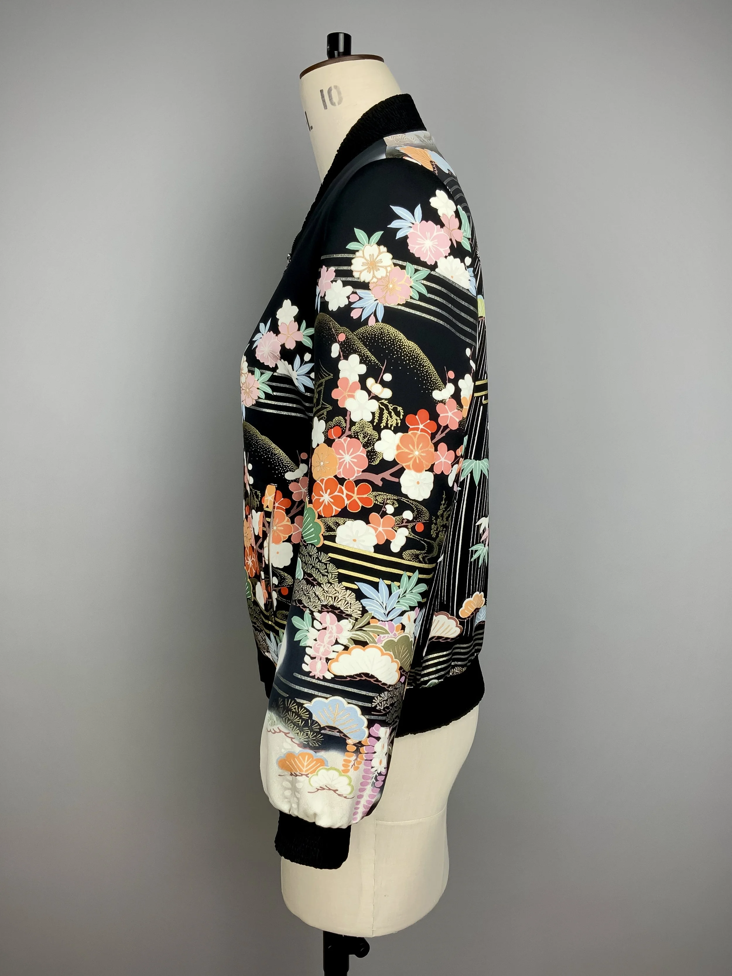 Unique bomber jacket with printed design, handmade with vintage Japanese Furisode kimono silk