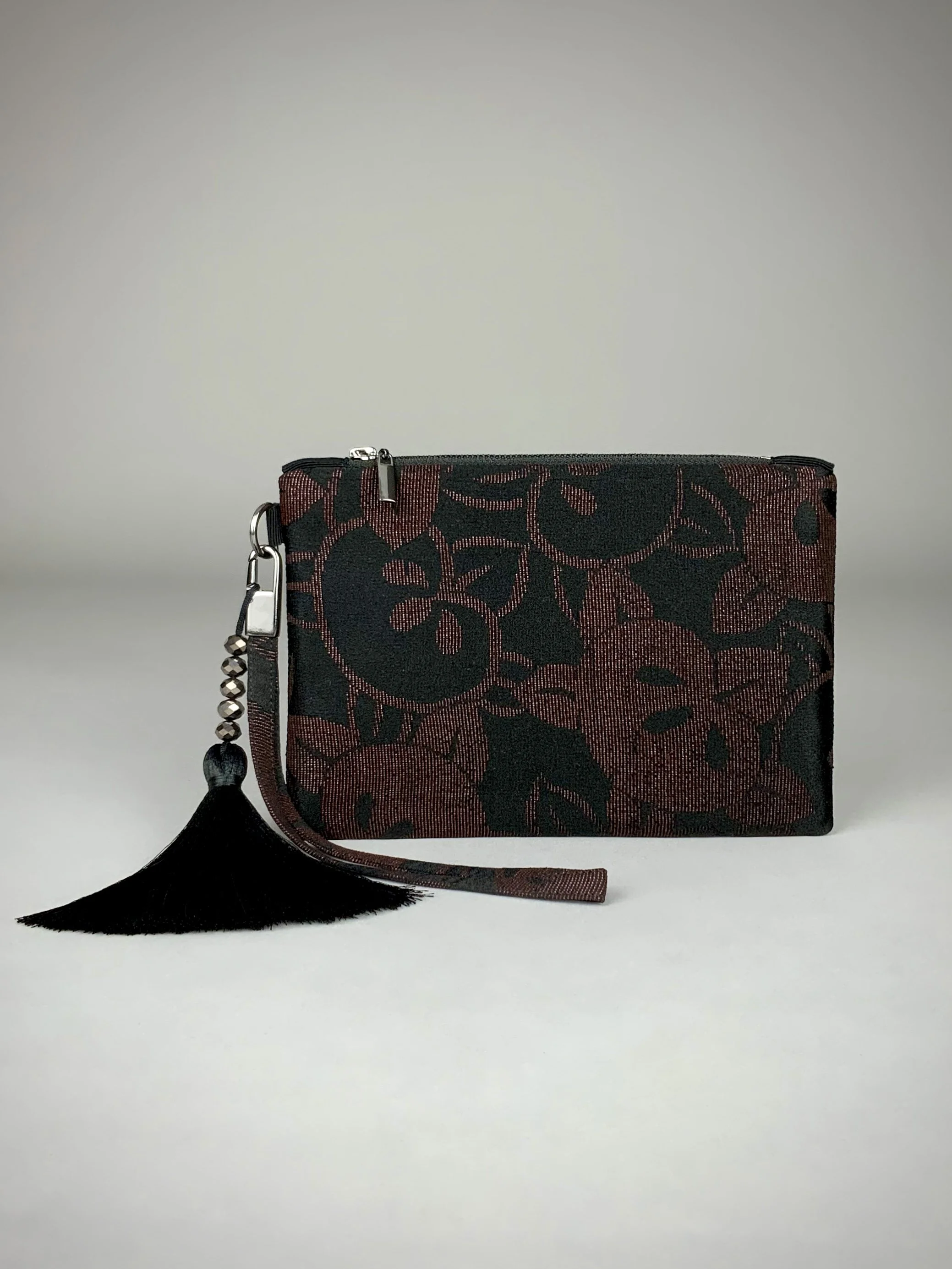 Black silk wristlet purse with glittery Persimmon fruit design & silk tassel, made from vintage Japanese kimono fabric by Kirsty Chivers