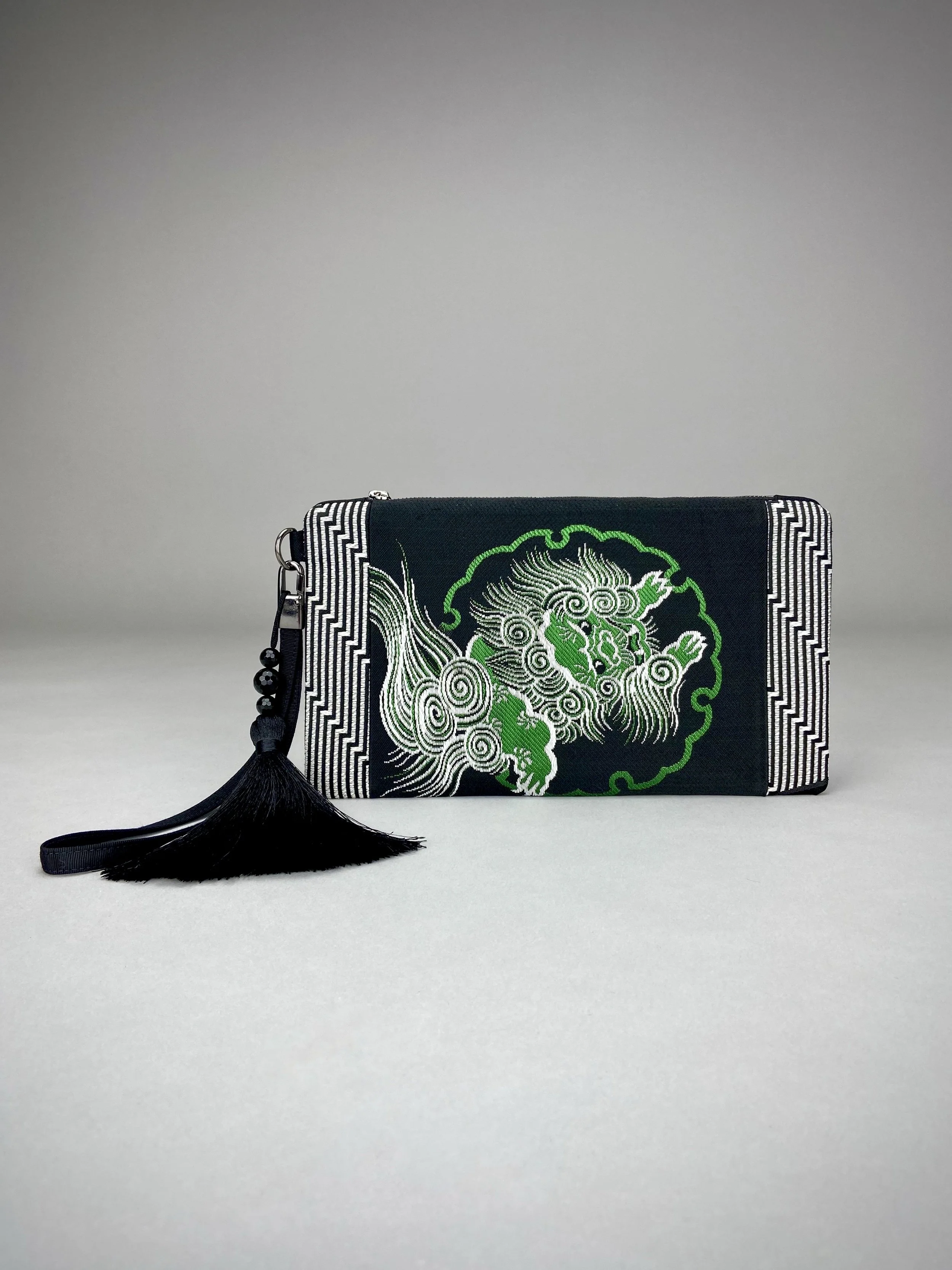 Black Dragon wristlet purse, handmade from vintage Japanese obi fabric, embellished with silk tassel & Onyx beads, by Kirsty Chivers