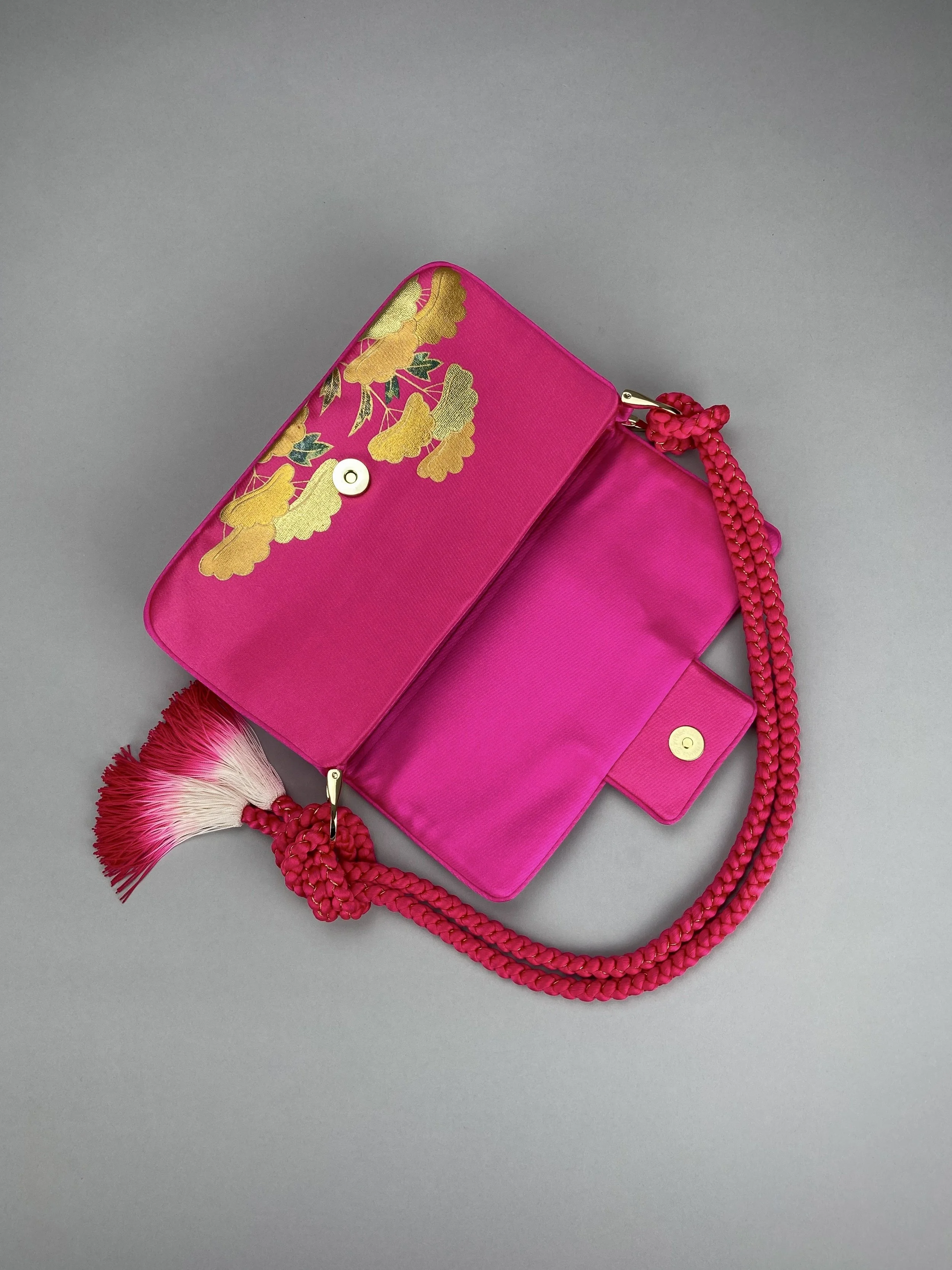 Cherry Pink & Gold Maple Leaf baguette bag, handmade from vintage Japanese kimono silk with ombre tassel obijime cord strap by Kirsty Chivers