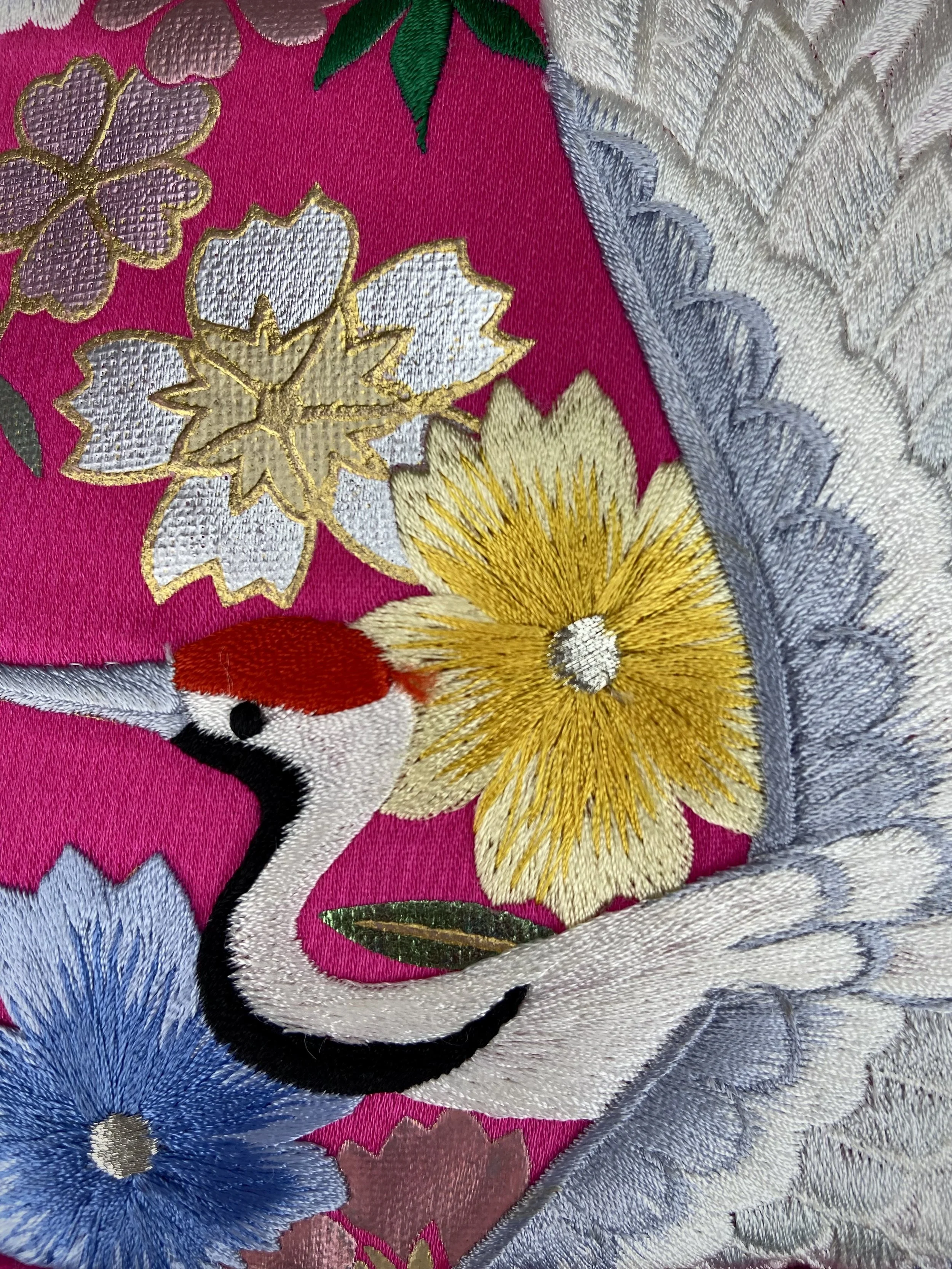 Cherry Pink Blossom & Crane baguette bag, handmade from vintage Japanese kimono silk with tasseled obijime cord strap by Kirsty Chivers