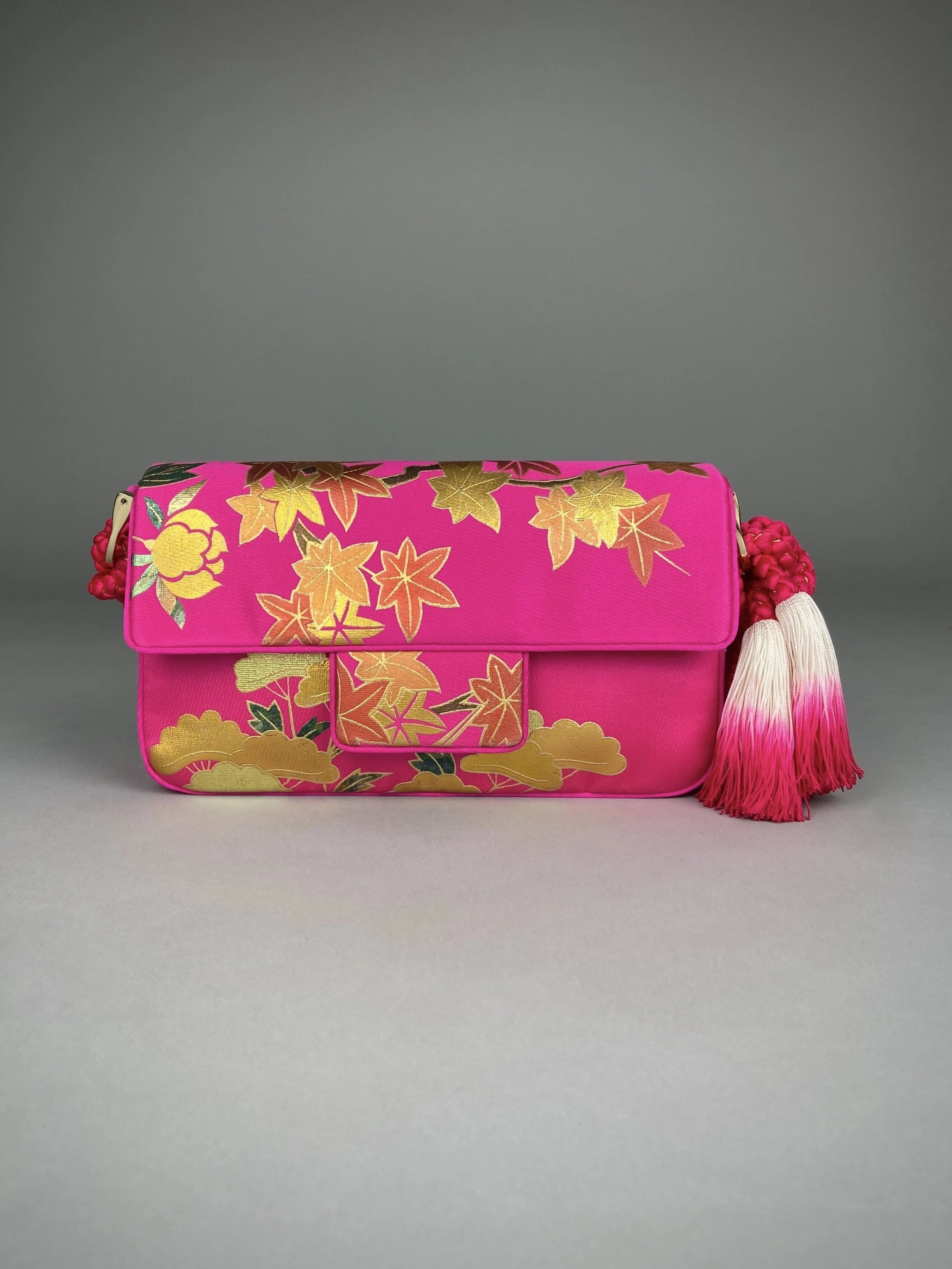 Cherry Pink & Gold Maple Leaf baguette bag, handmade from vintage Japanese kimono silk with ombre tassel obijime cord strap by Kirsty Chivers