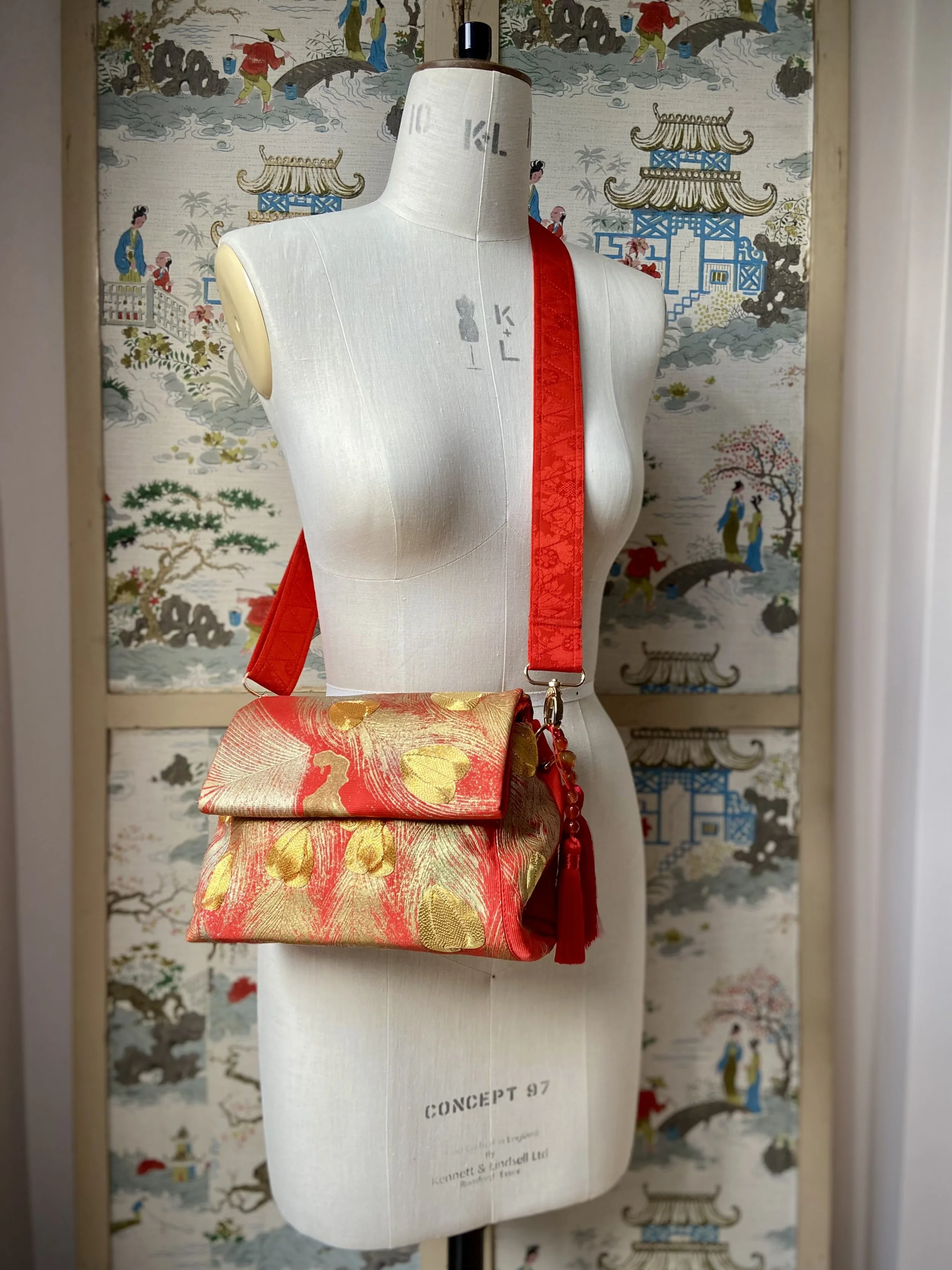 Vermillion red vintage kimono silk evening bag with gold Peacock feather design by Kirsty Chivers