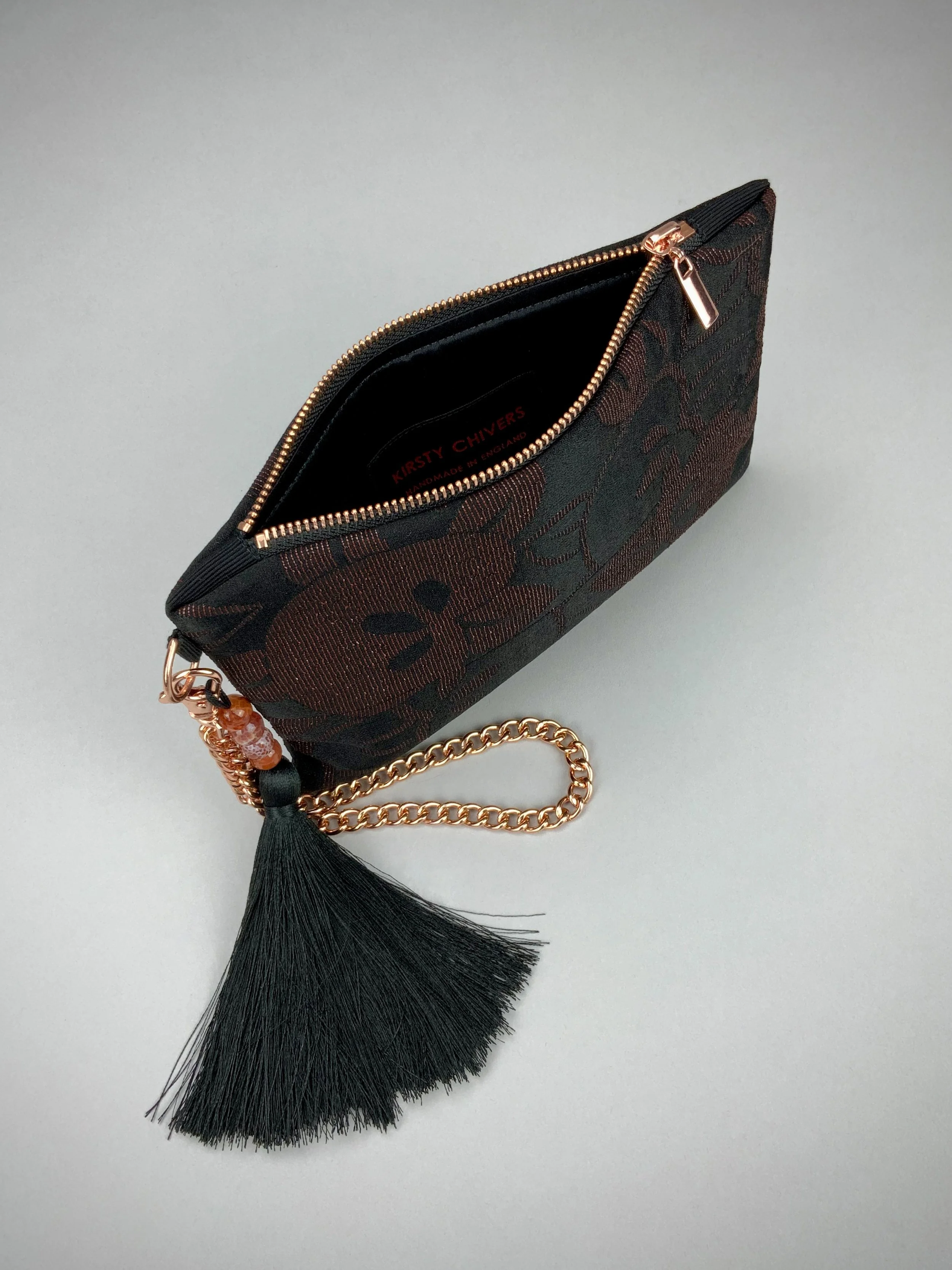 Black silk wristlet purse with glittery Persimmon fruit design & silk tassel, made from vintage Japanese kimono fabric by Kirsty Chivers