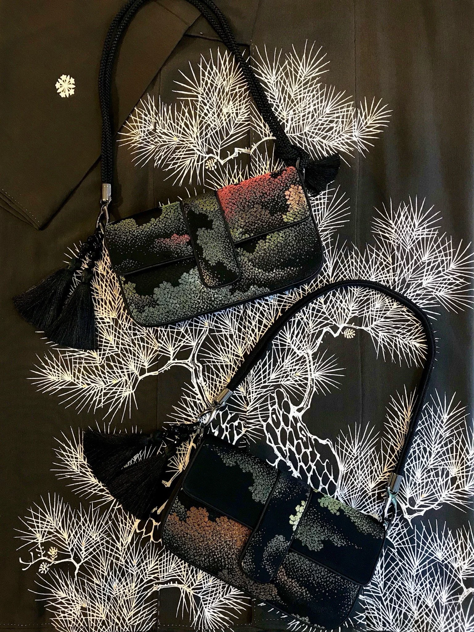 Black glitter evening bags by Kirsty Chivers on a handprinted kimono