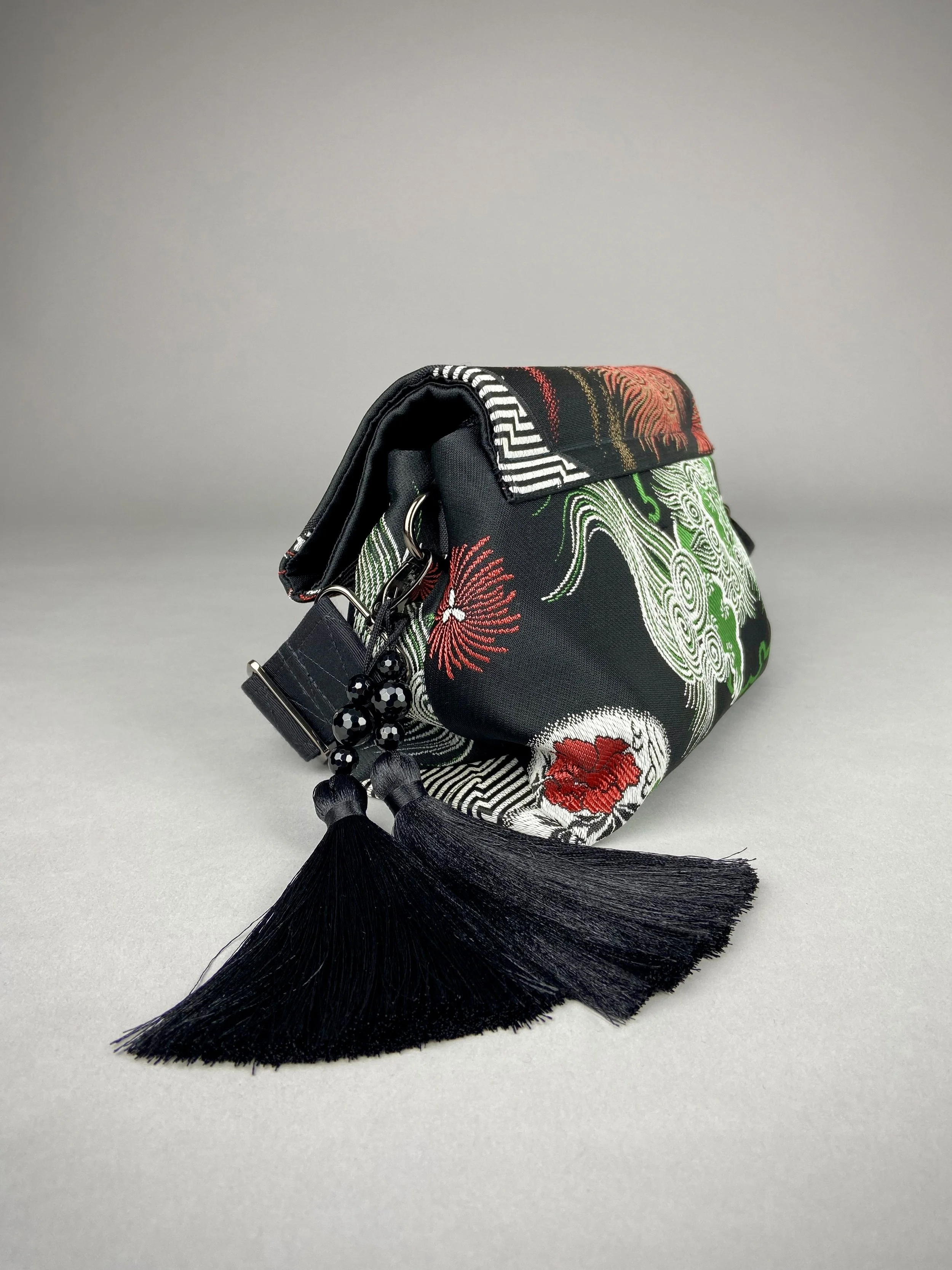 Black Dragon evening bag made from vintage Japanese obi fabric by Kirsty Chivers