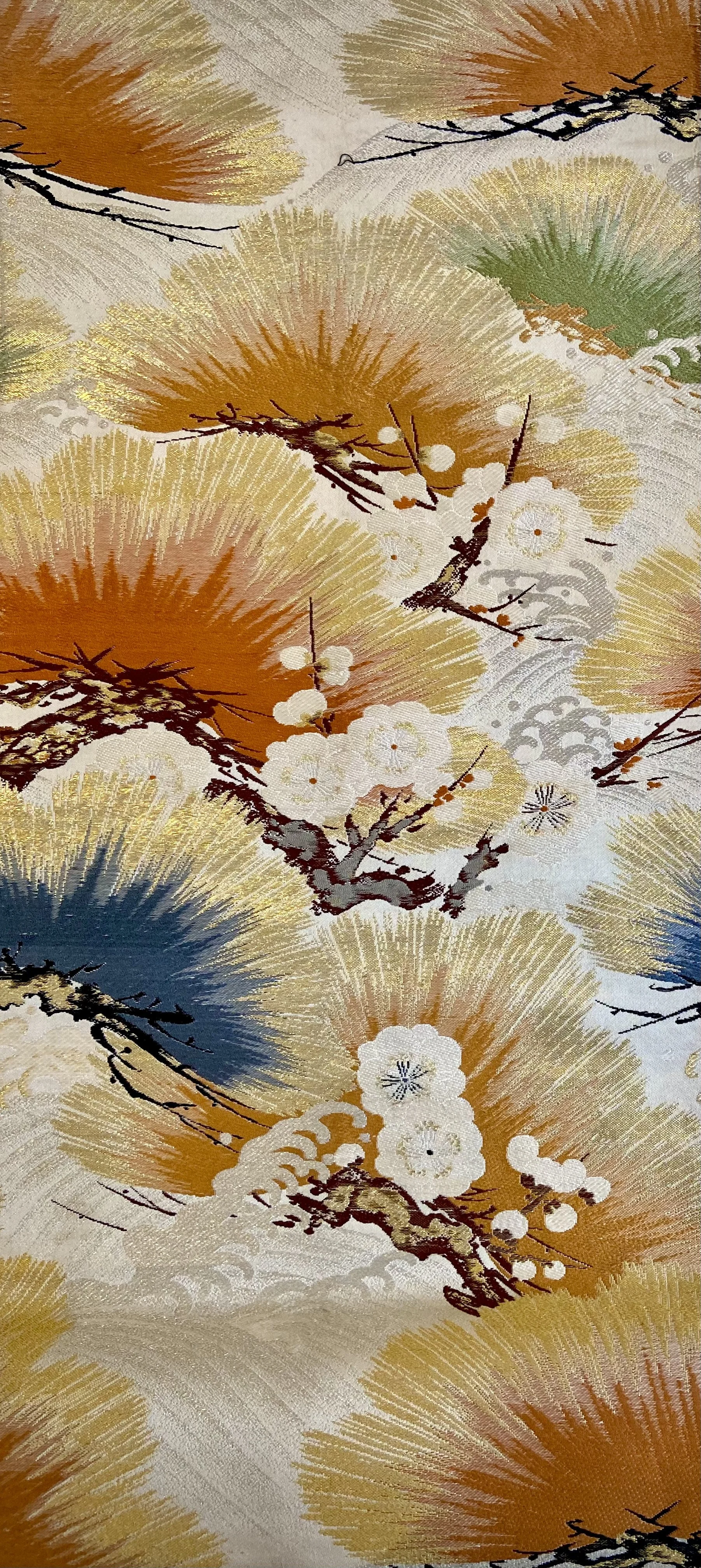 Gold vintage Japanese obi silk with Matsu pine and blossom design