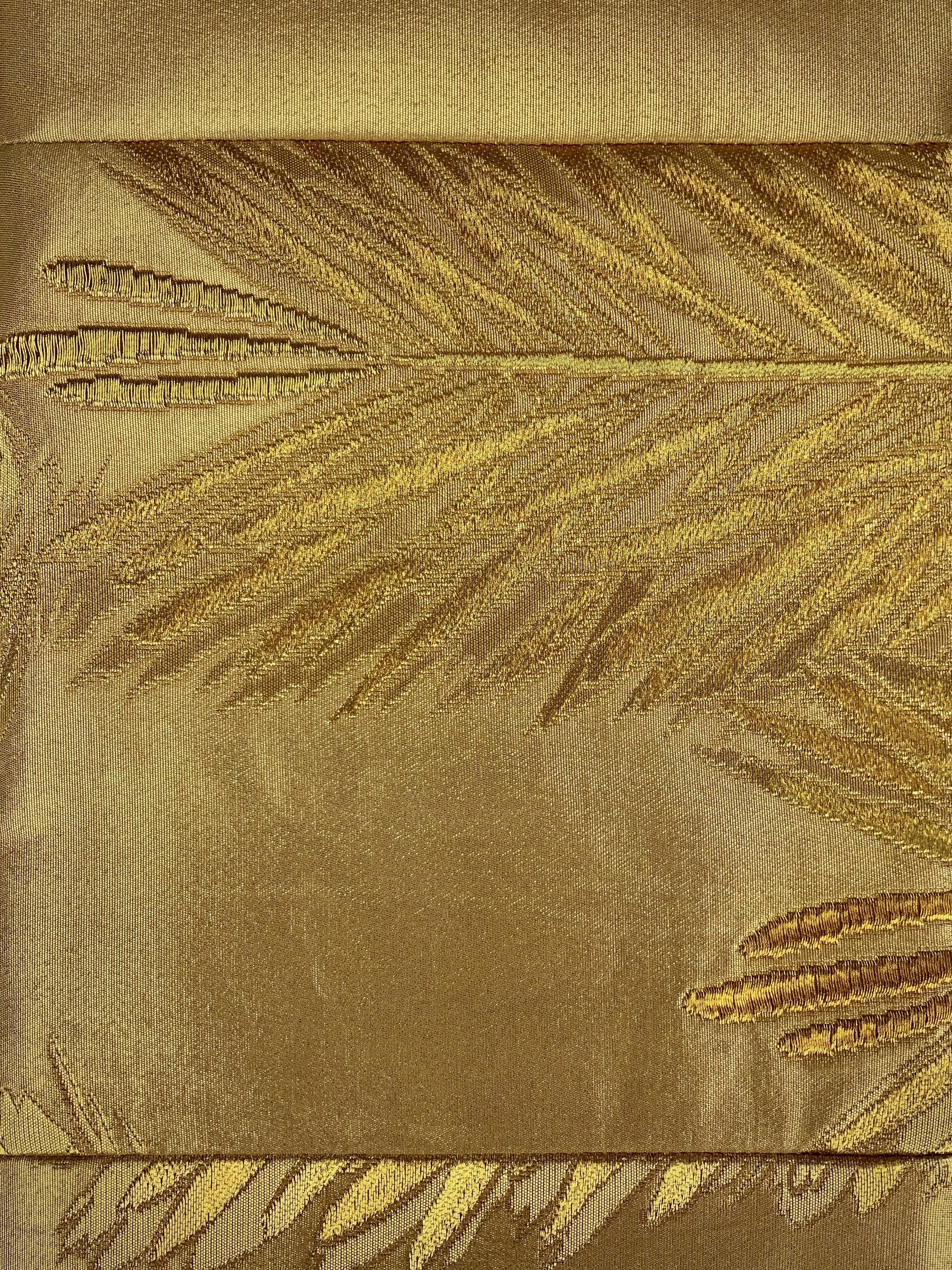Luminous metallic gold vintage Japanese obi silk with abstract leaf design