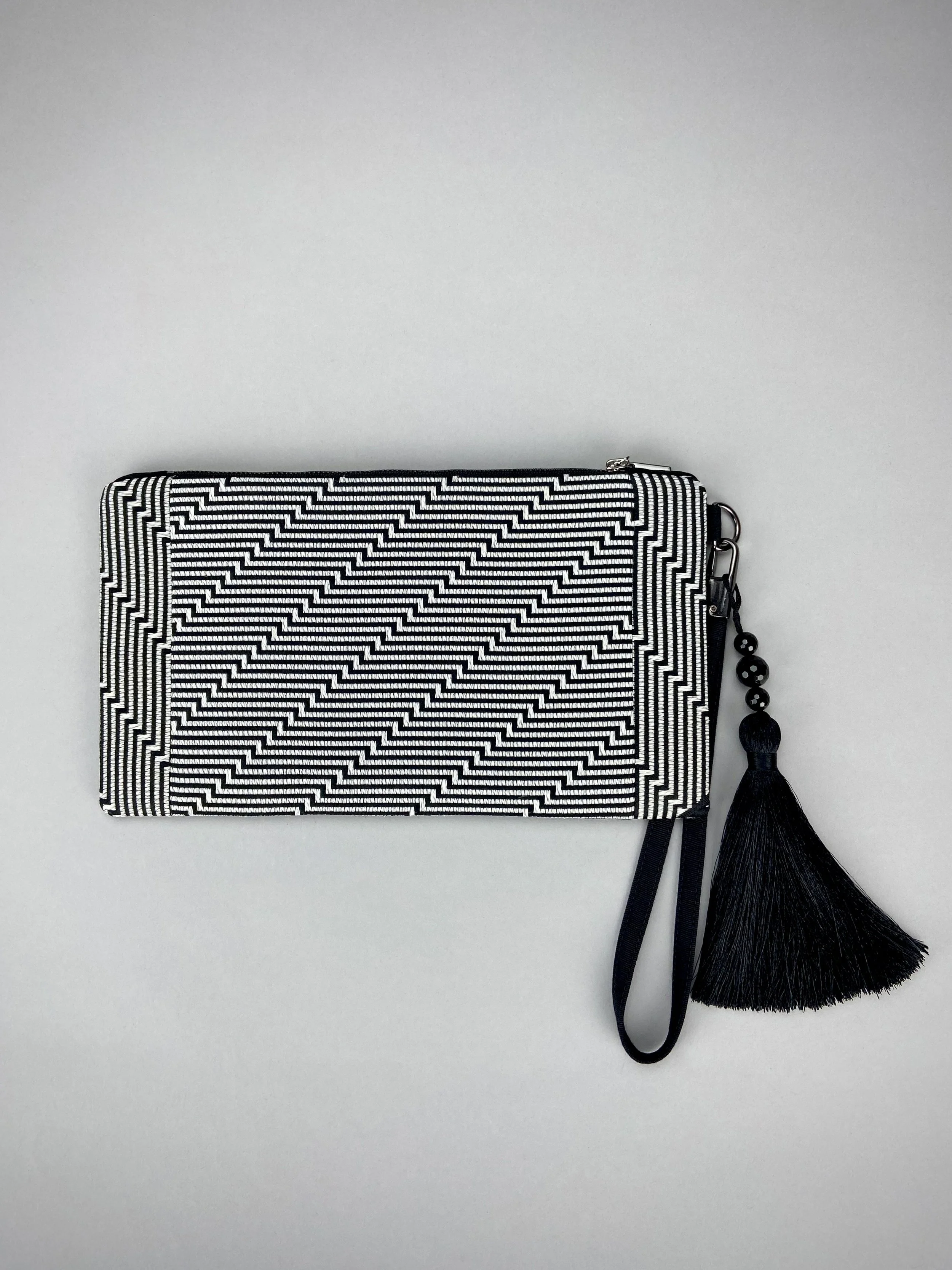 Black Dragon wristlet purse, handmade from vintage Japanese obi fabric, embellished with silk tassel & Onyx beads, by Kirsty Chivers