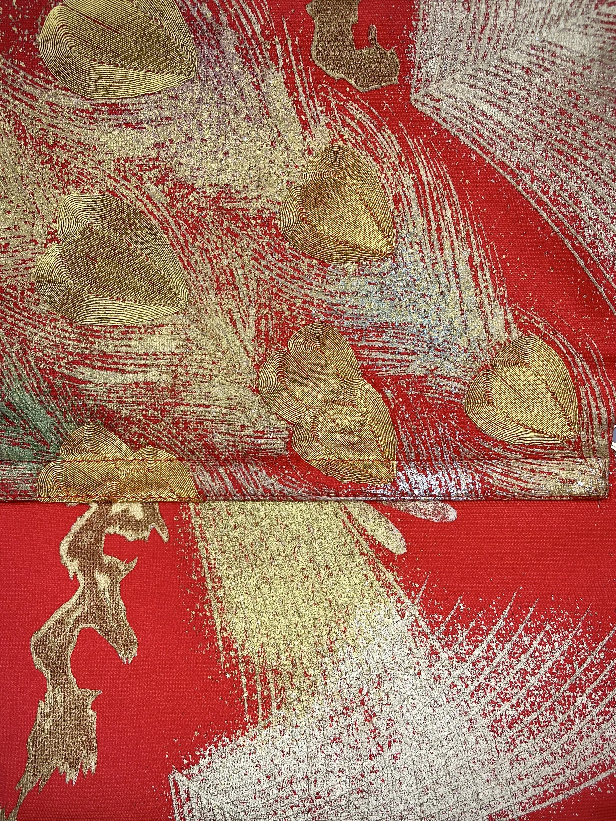 Vermillion red vintage kimono silk evening bag with gold Peacock feather design by Kirsty Chivers