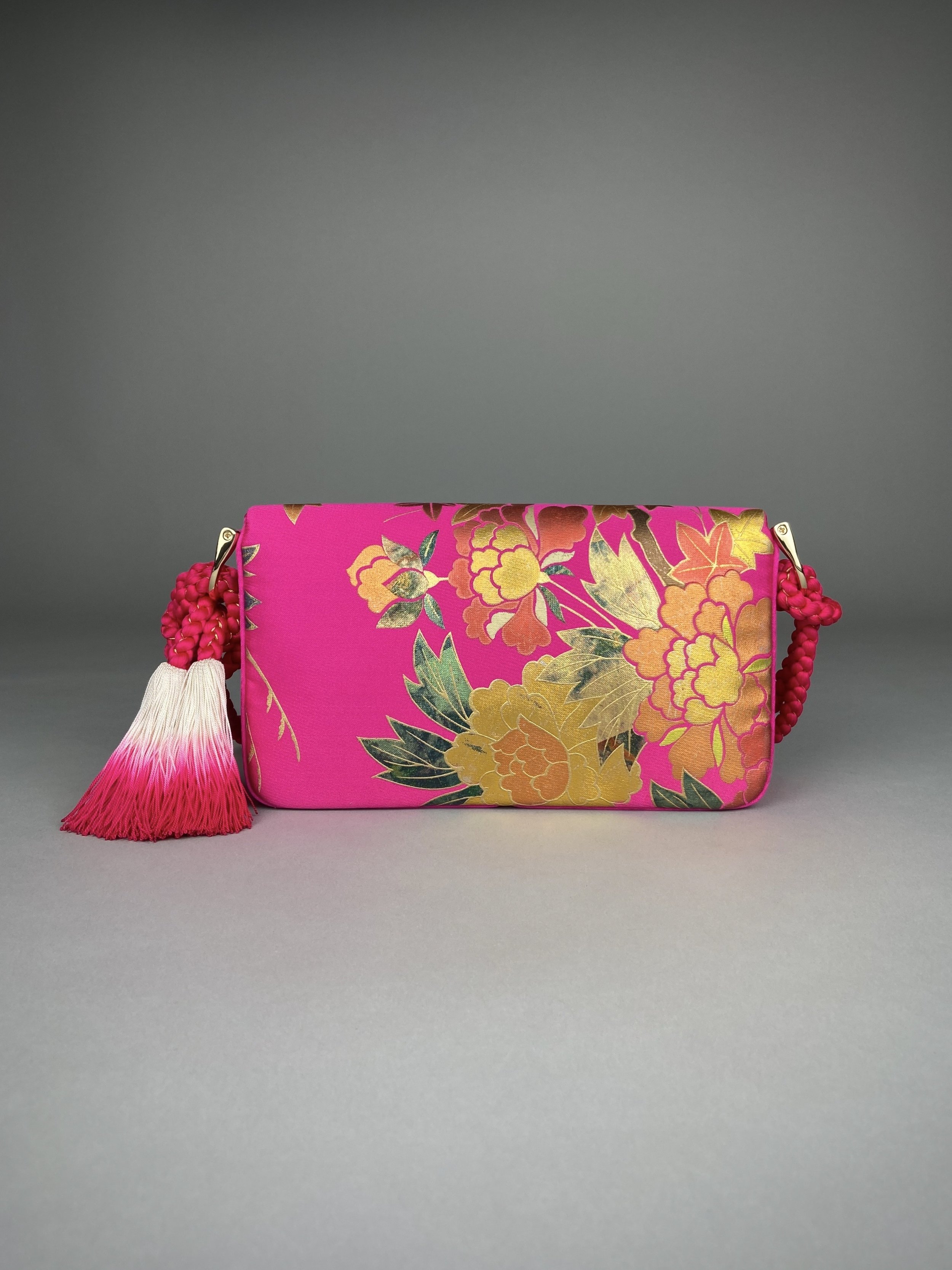 Cherry Pink & Gold Maple Leaf baguette bag, handmade from vintage Japanese kimono silk with ombre tassel obijime cord strap by Kirsty Chivers