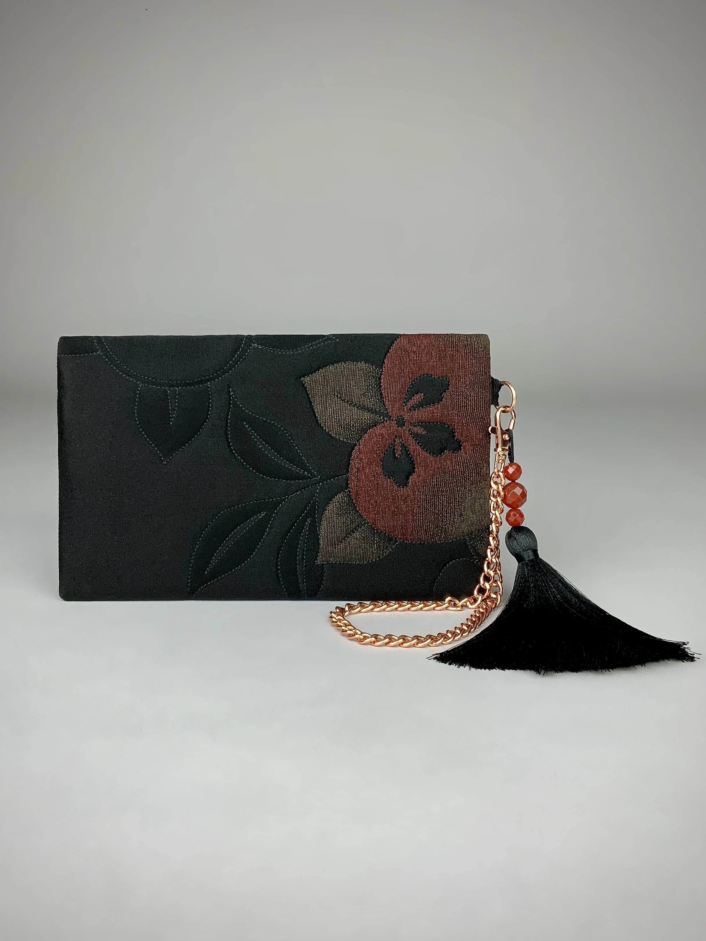 Quilted black clutch purse with tassel & Carnelian beads, made from vintage Japanese kimono silk