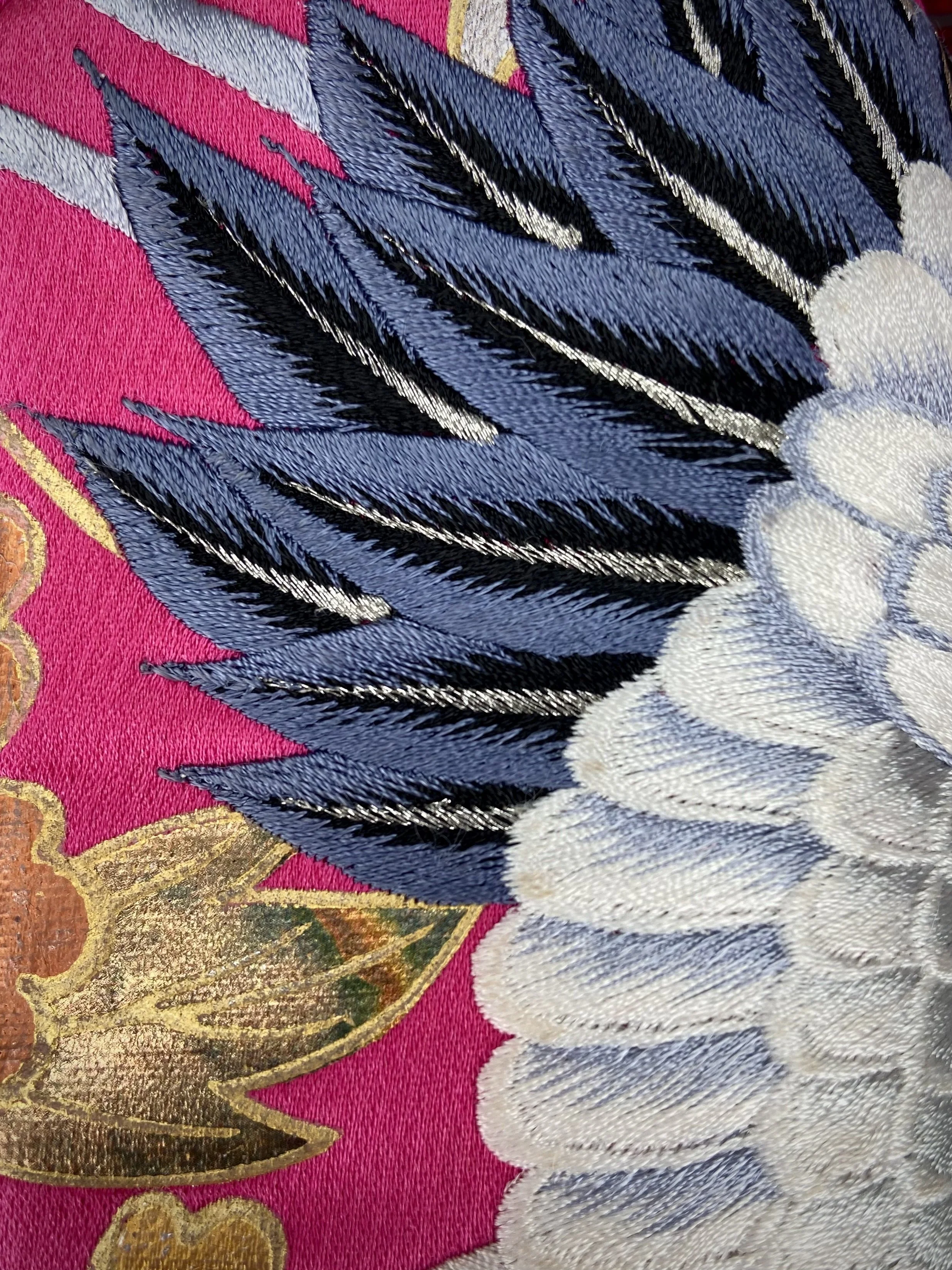 Cherry Pink Crane Feather baguette bag, handmade from vintage Japanese kimono silk with tasseled obijime cord strap by Kirsty Chivers