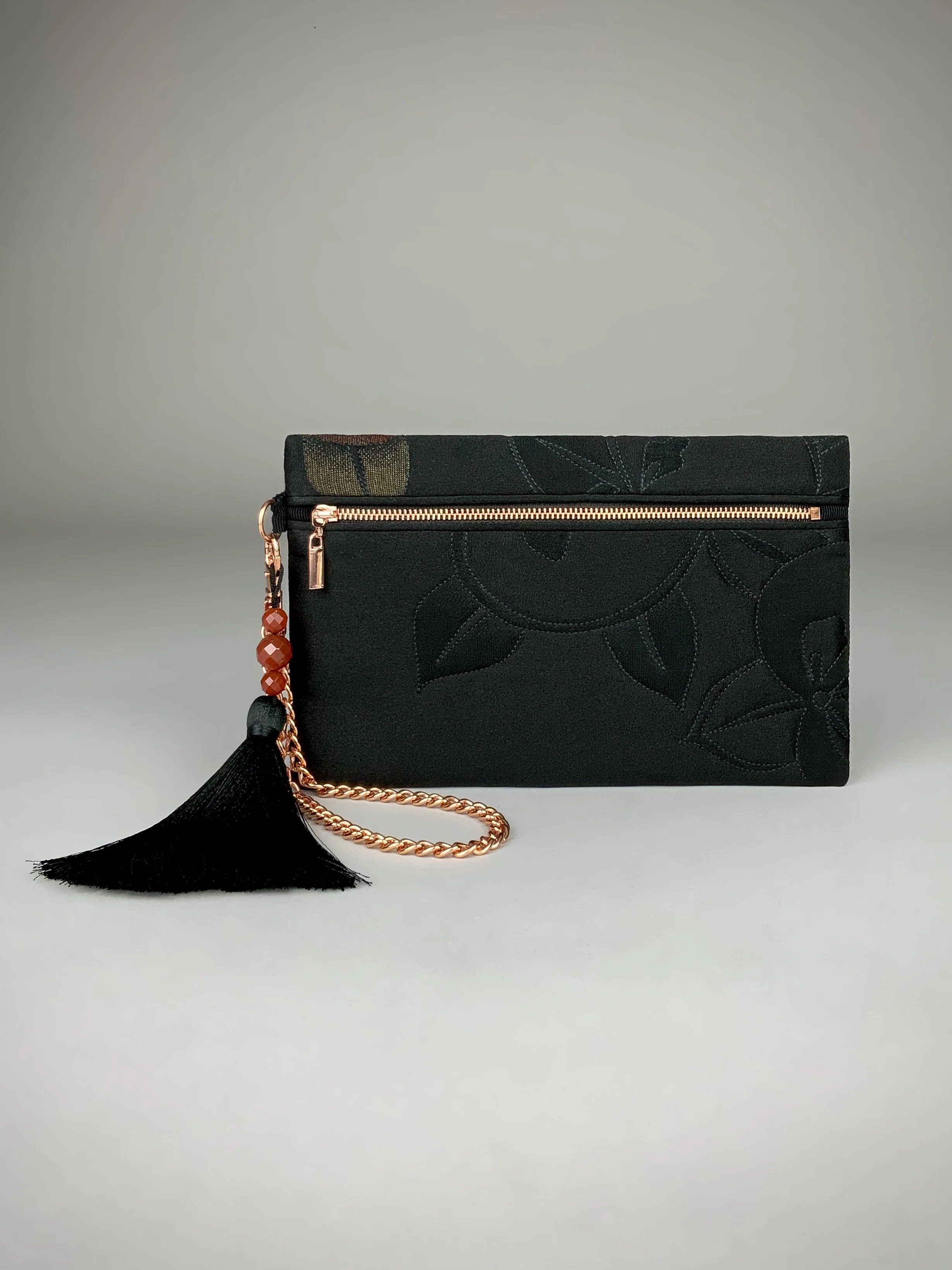 Quilted black clutch purse with tassel & Carnelian beads, made from vintage Japanese kimono silk