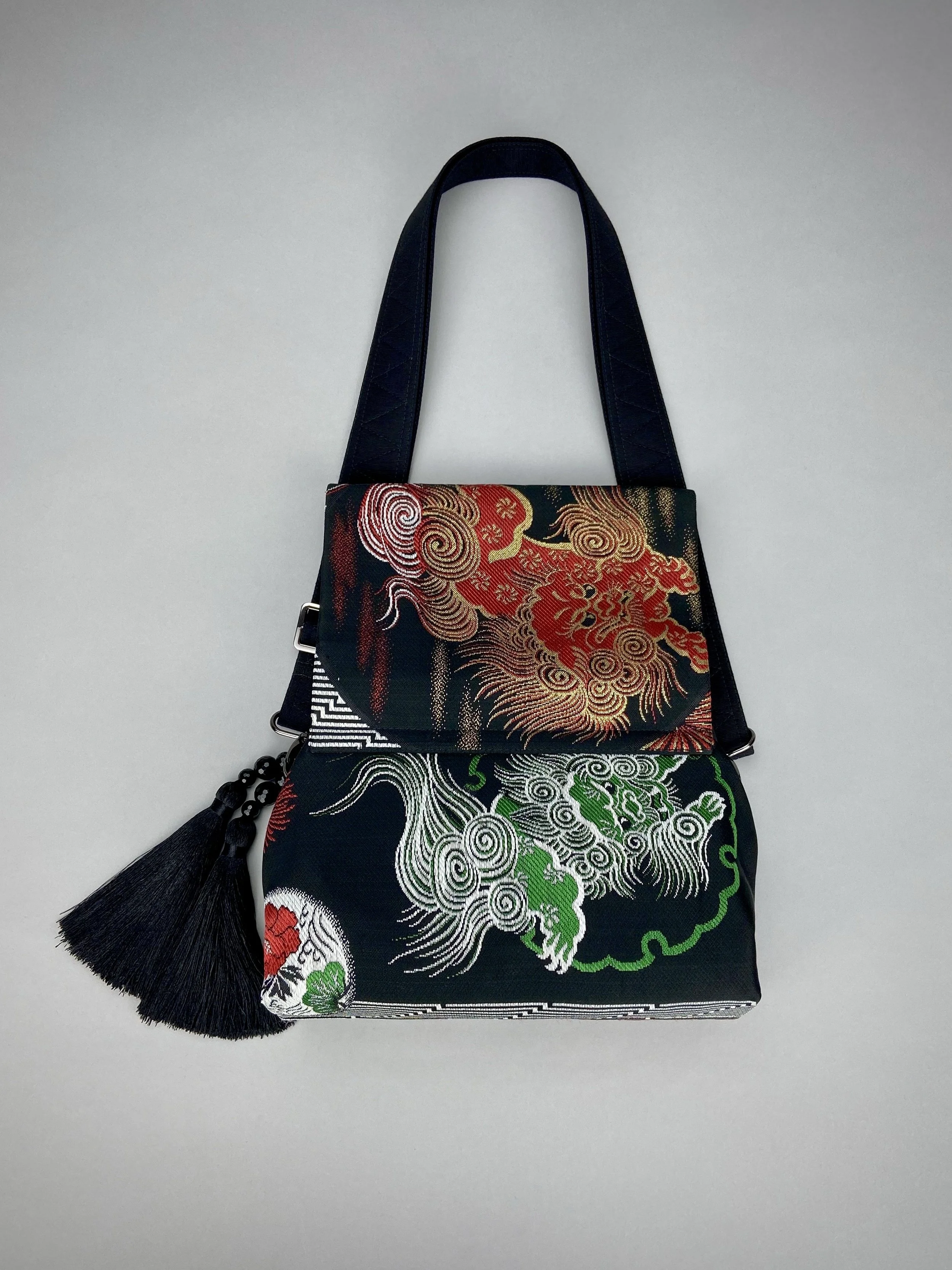 Black Dragon evening bag made from vintage Japanese obi fabric by Kirsty Chivers
