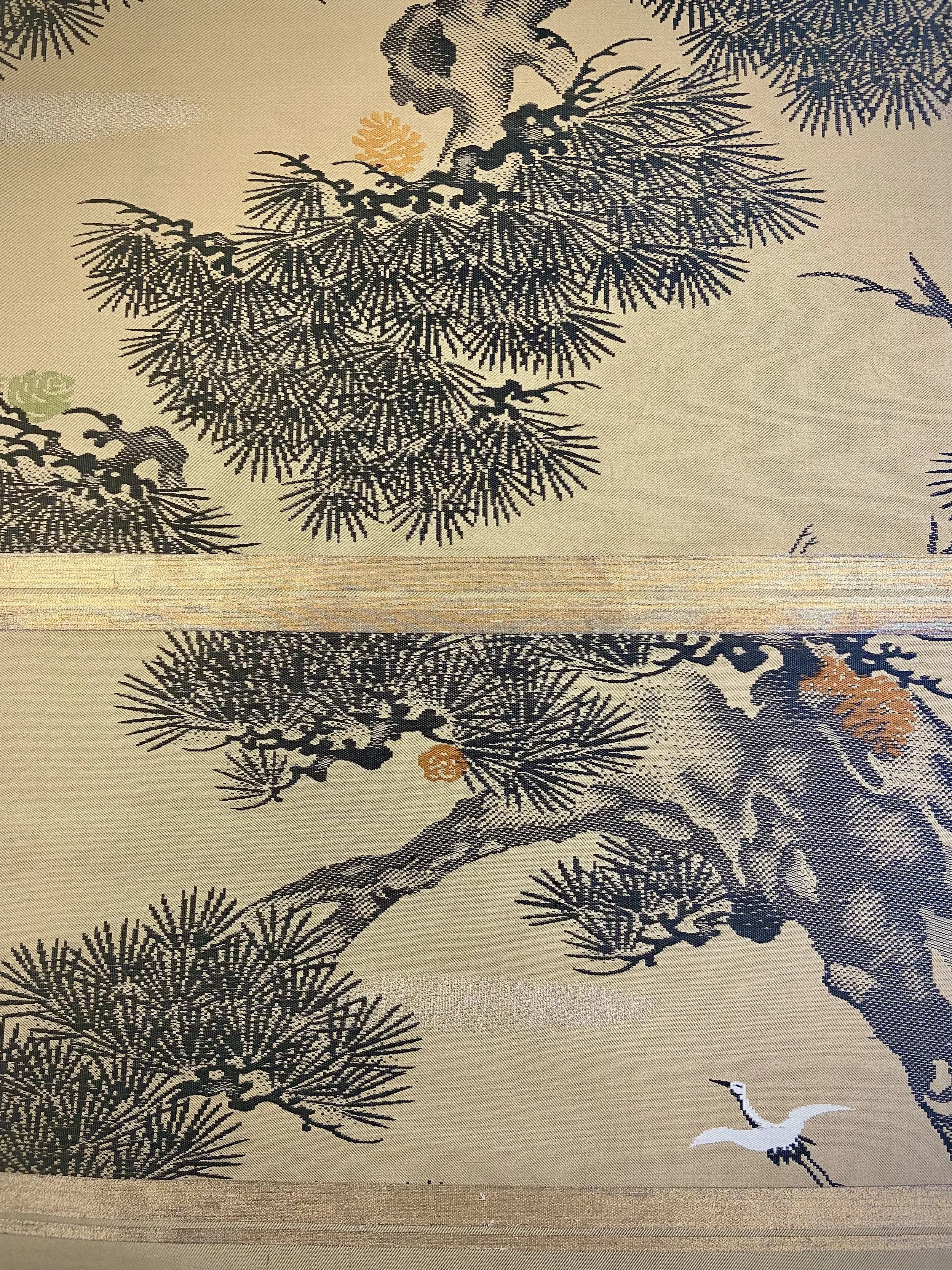 Olive green vintage Japanese obi silk panel with Matsu pine and crane design with gold thread detailing, from a collection by Kirsty Chivers Handmade