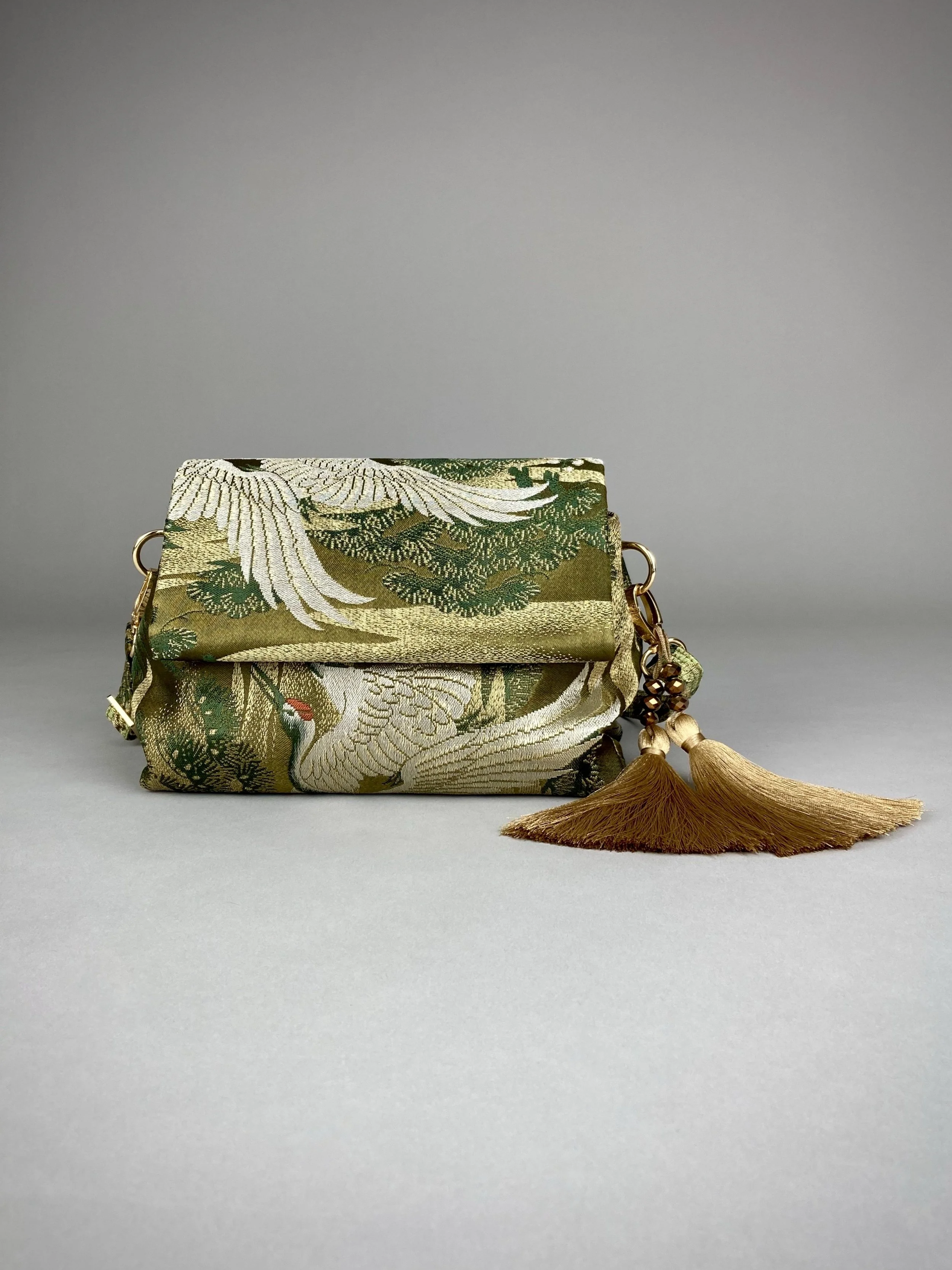 Green Flying Crane evening bag, made from repurposed vintage Japanese obi silk by Kirsty Chivers