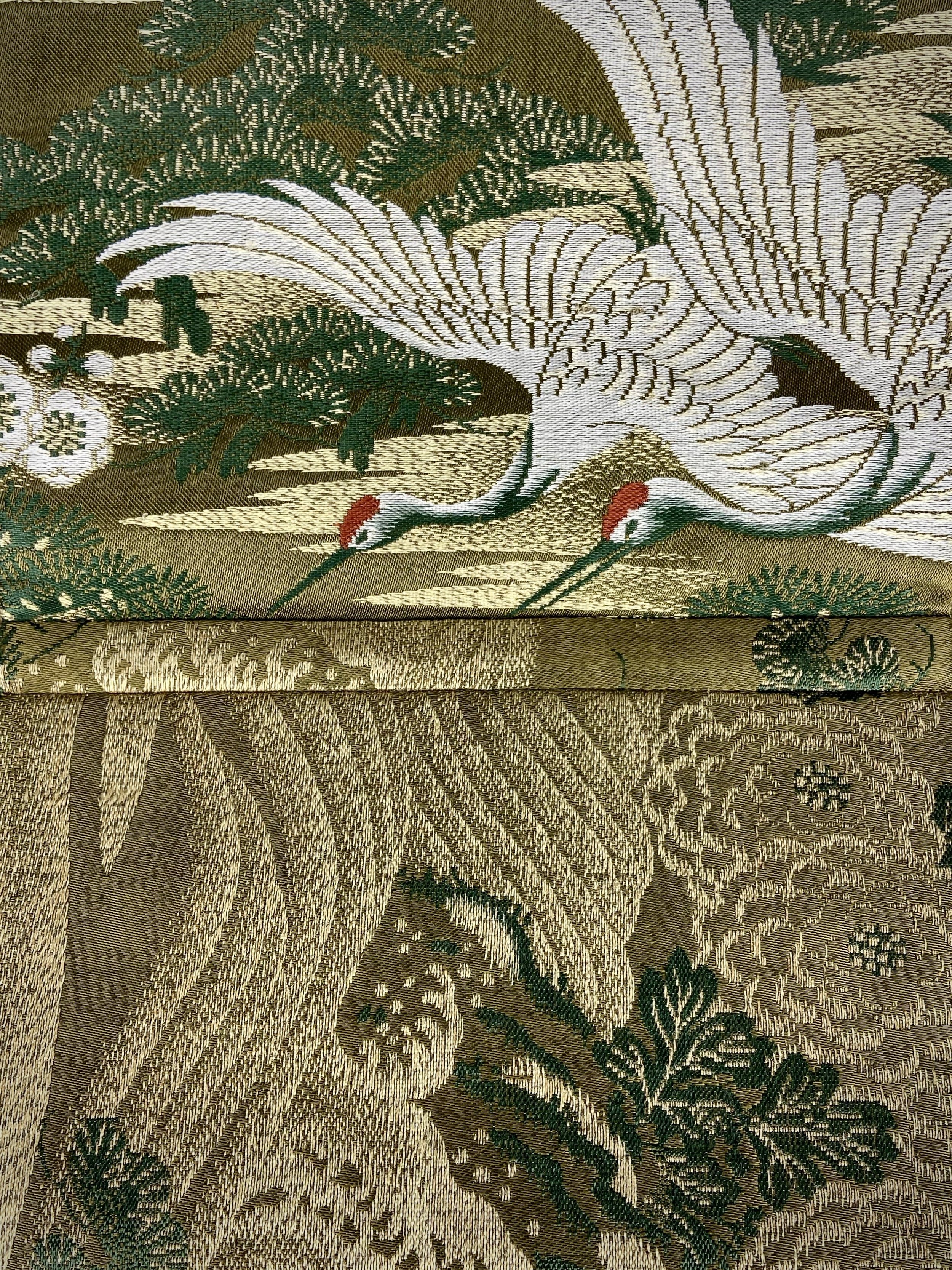 Green Flying Crane evening bag, made from repurposed vintage Japanese obi silk by Kirsty Chivers