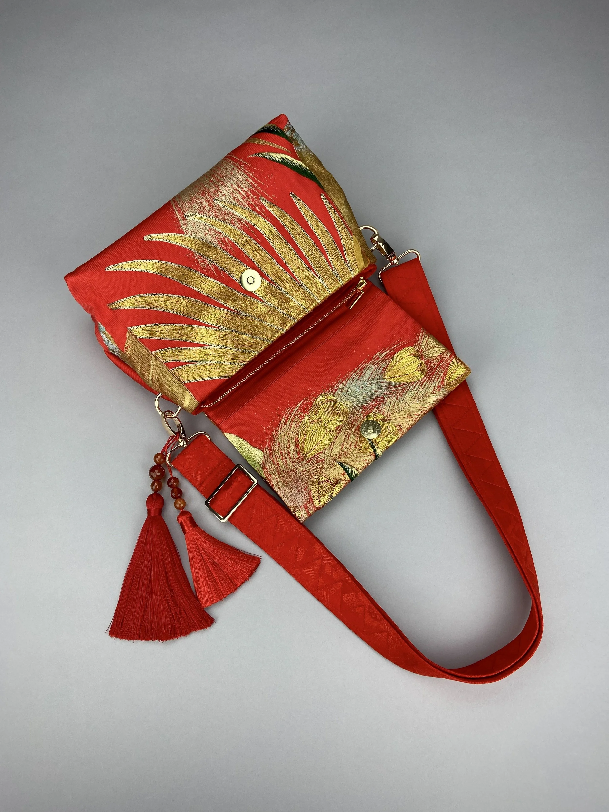 Vermillion red vintage kimono silk evening bag with gold Peacock feather design, Agate beaded tassel charm by Kirsty Chivers