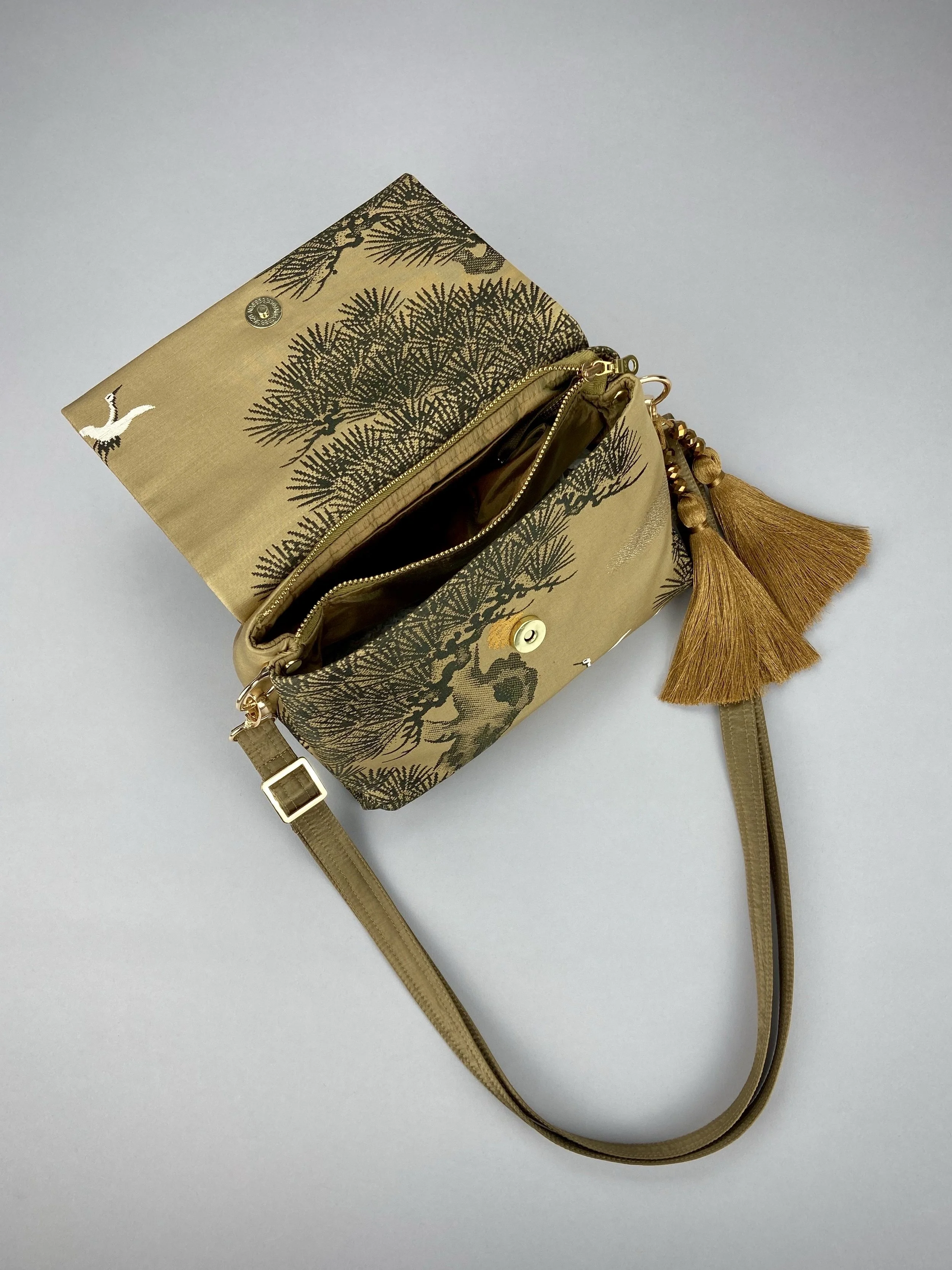 Green Matsu pine evening bag made from vintage Japanese obi silk by Kirsty Chivers