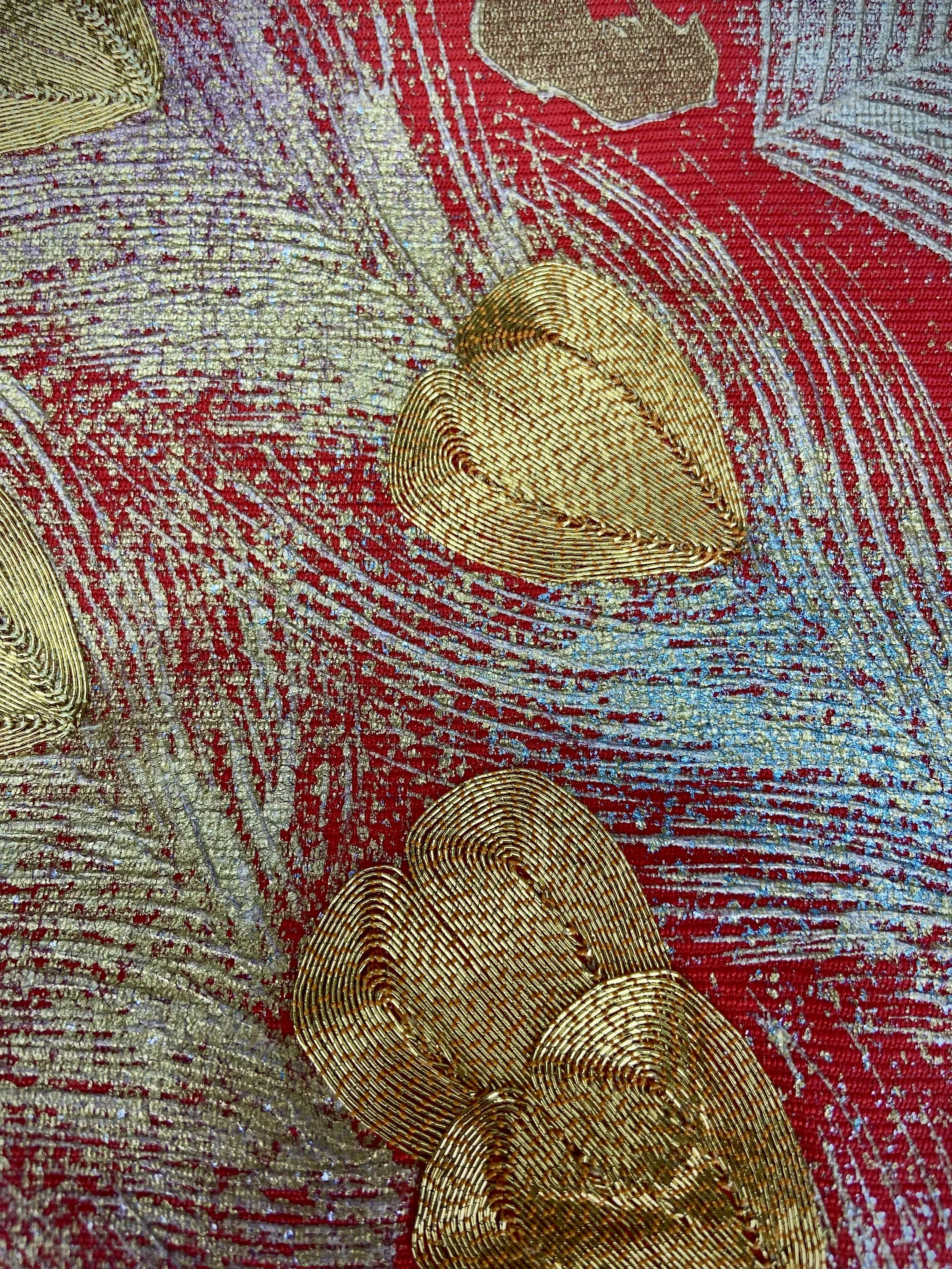 Vermillion red vintage kimono silk evening bag with gold Peacock feather design by Kirsty Chivers