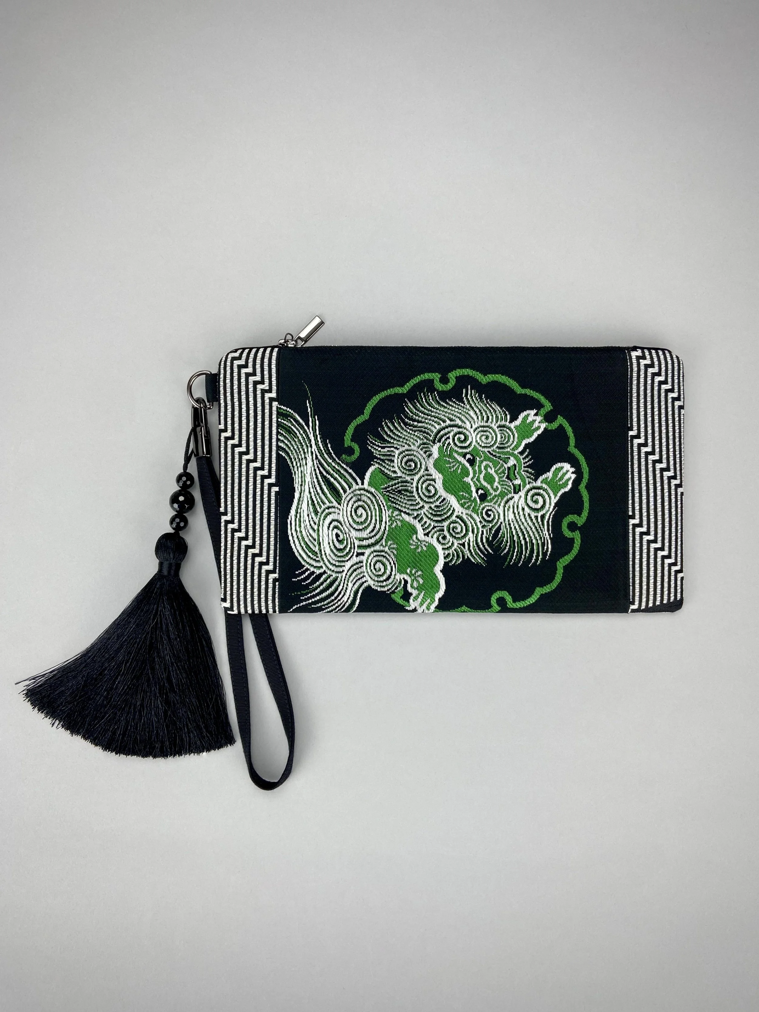Black Dragon wristlet purse, handmade from vintage Japanese obi fabric, embellished with silk tassel & Onyx beads, by Kirsty Chivers