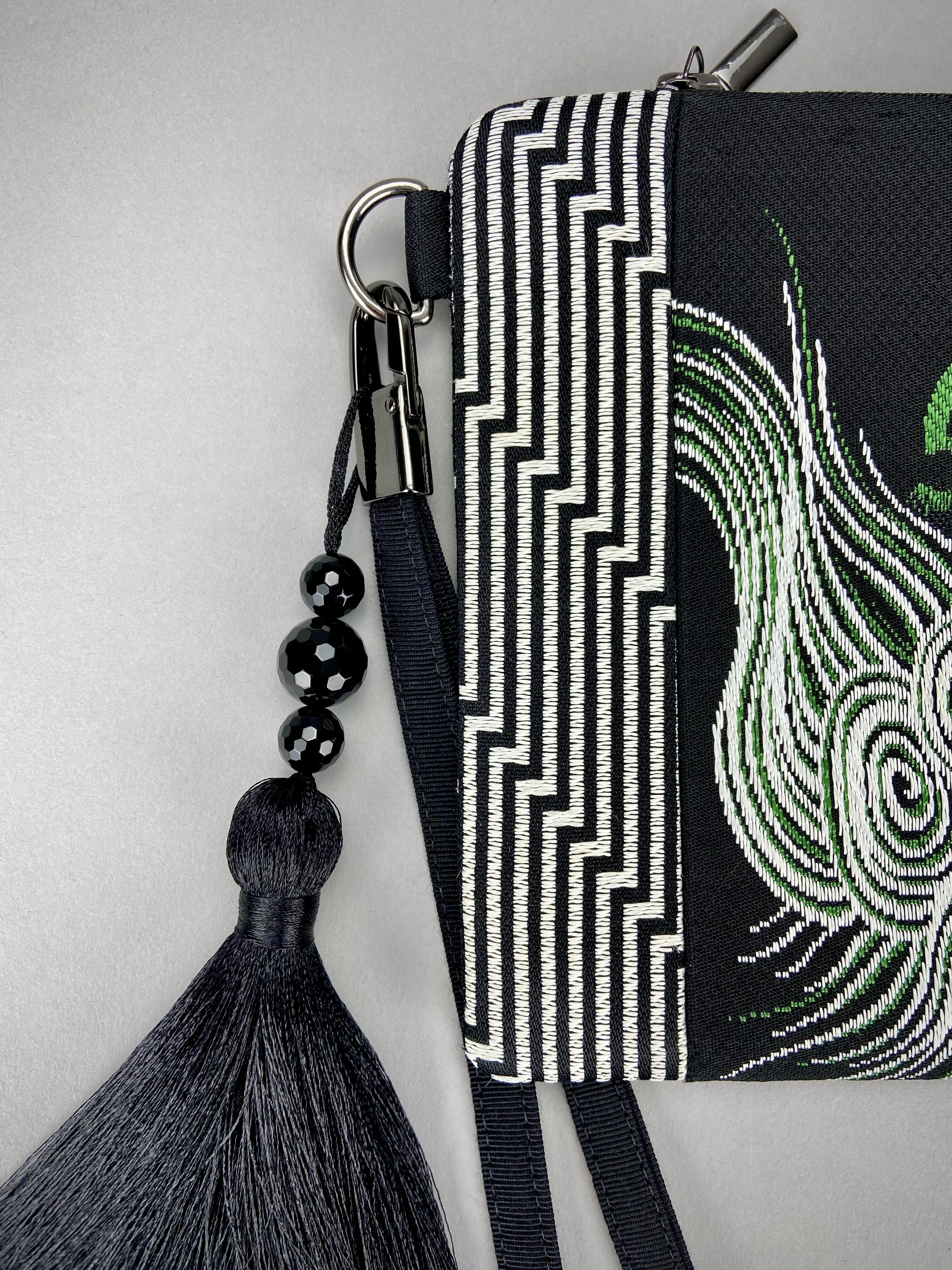 Black Dragon wristlet purse, handmade from vintage Japanese obi fabric, embellished with silk tassel & Onyx beads, by Kirsty Chivers