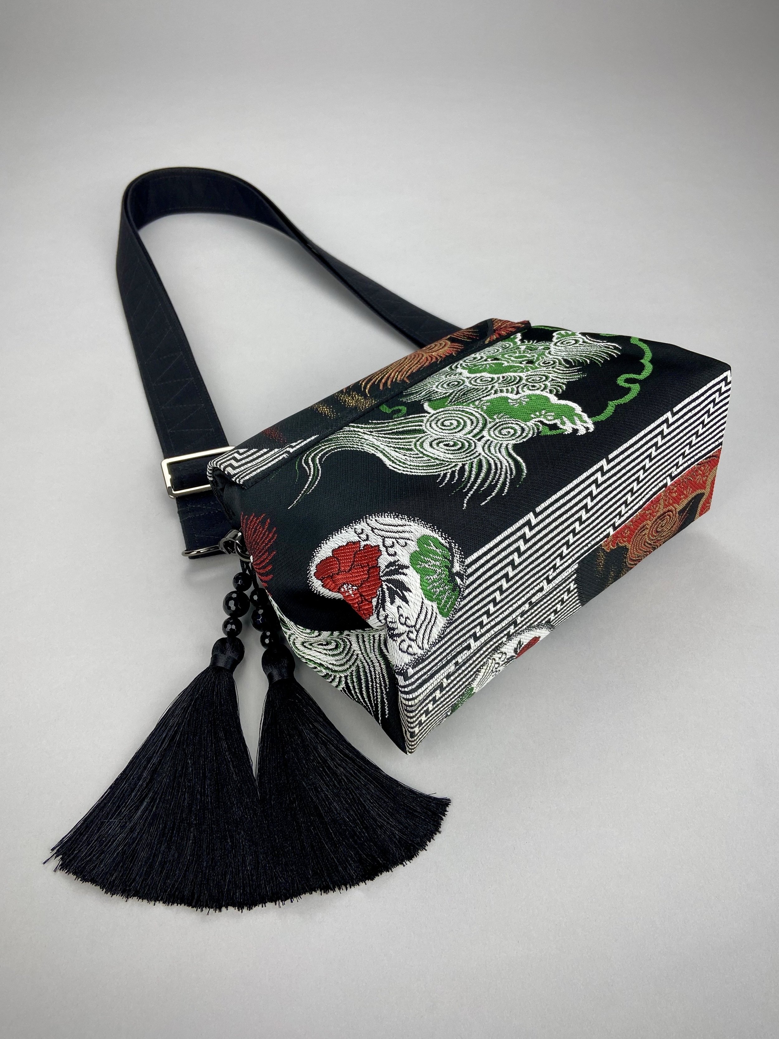 Black Dragon evening bag made from vintage Japanese obi fabric by Kirsty Chivers