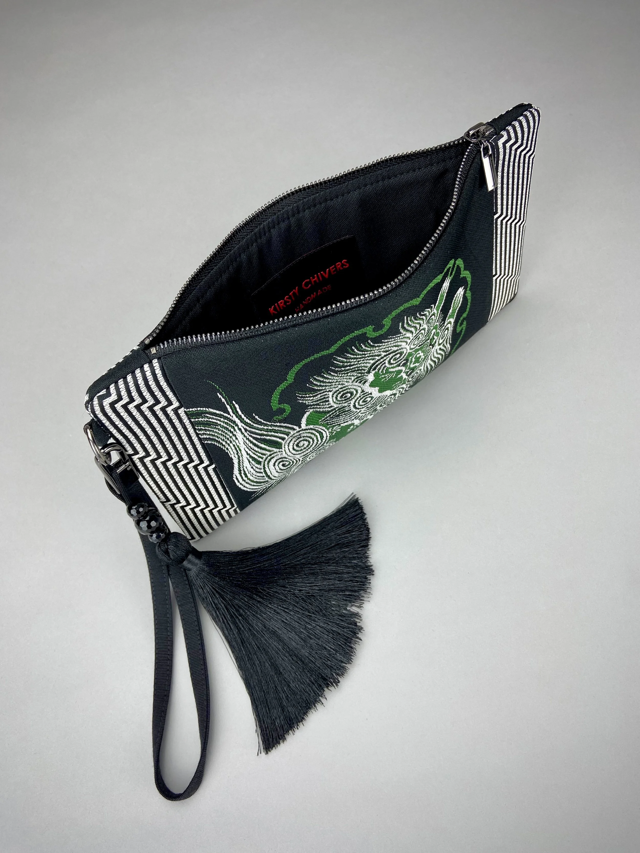 Black Dragon wristlet purse, handmade from vintage Japanese obi fabric, embellished with silk tassel & Onyx beads, by Kirsty Chivers