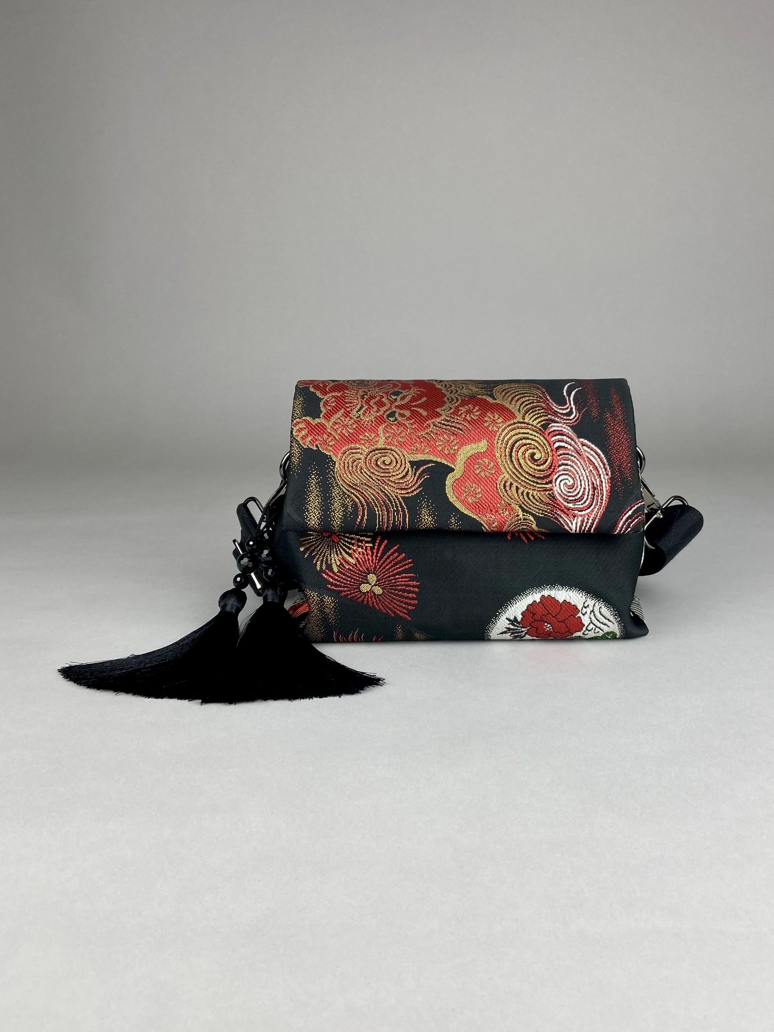 Black Dragon evening bag made from vintage Japanese obi fabric by Kirsty Chivers