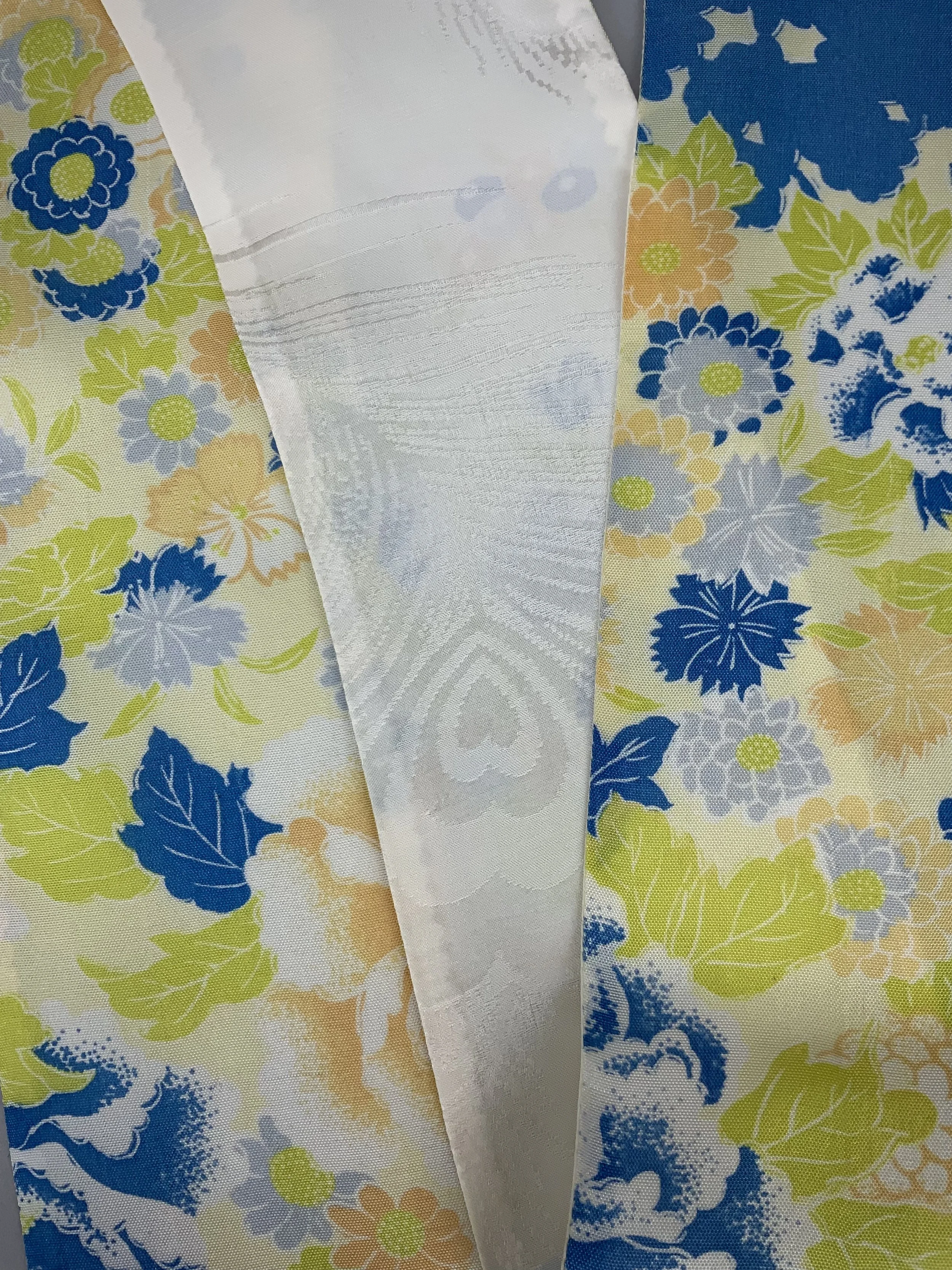Closeup of pale yellow skinny scarf with blossom print handmade from vintage kimono fabric by Kirsty Chivers
